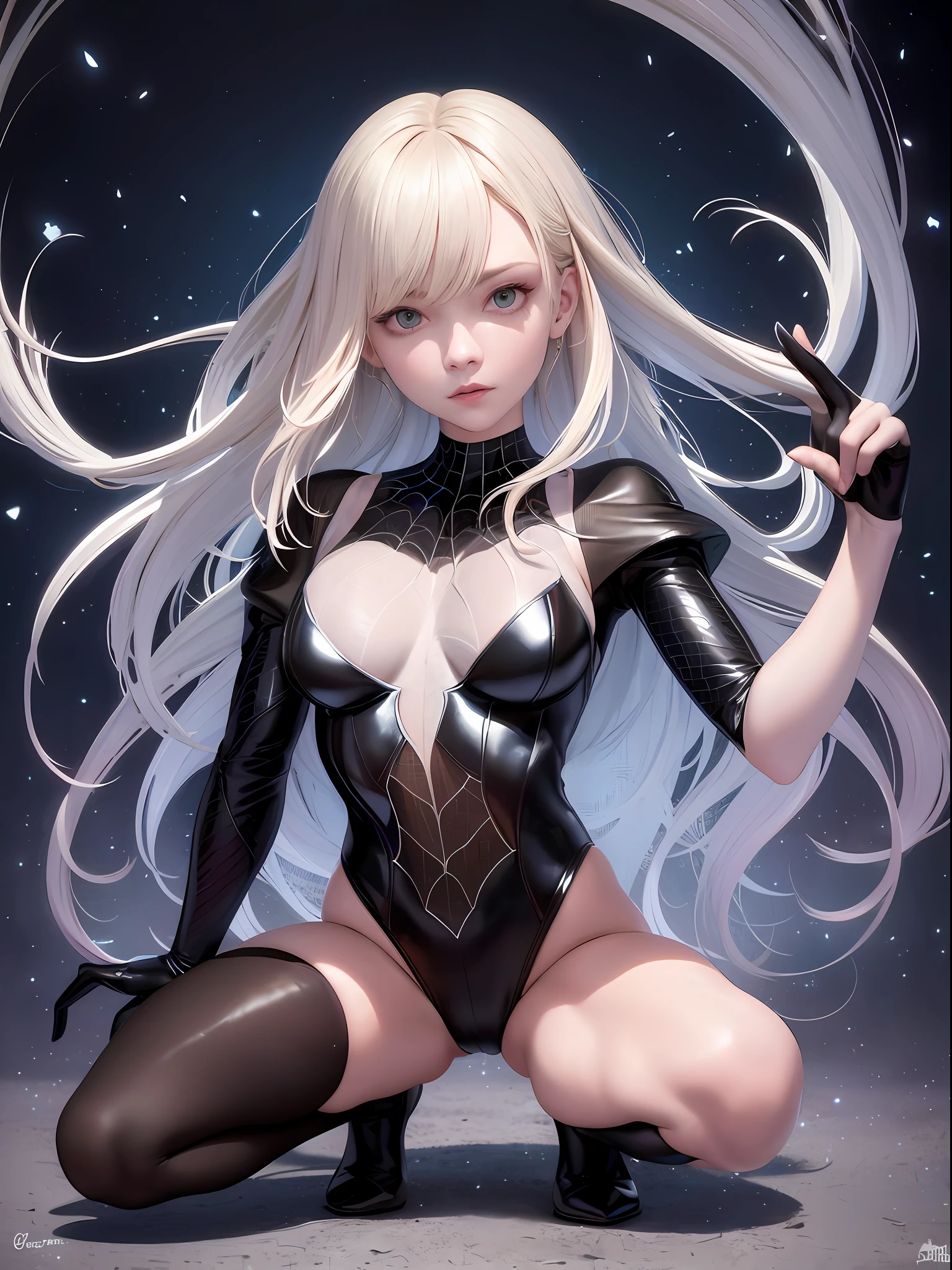 лучшее качество, шедевр, Gwen Stacy into the spider verse, spiderman into the spider verse, white and black costume, young pale skinny white girl, lob hair, ombre hair, modern short bob cut hair, wavy hair, dark to blond hair, (night city background), spider and webs, full body, dynamic pose, beautiful body structure cover, hyperdetailed painting, luminism, Bar lighting, complex, 4k resolution concept art portrait by Greg Rutkowski, Artgerm, WLOP, Alphonse Mucha, little fusion pojatti realistic, fractal isometrics details bioluminescens : a stunning realistic photograph, acrobatic pose, squatting, shiny costume