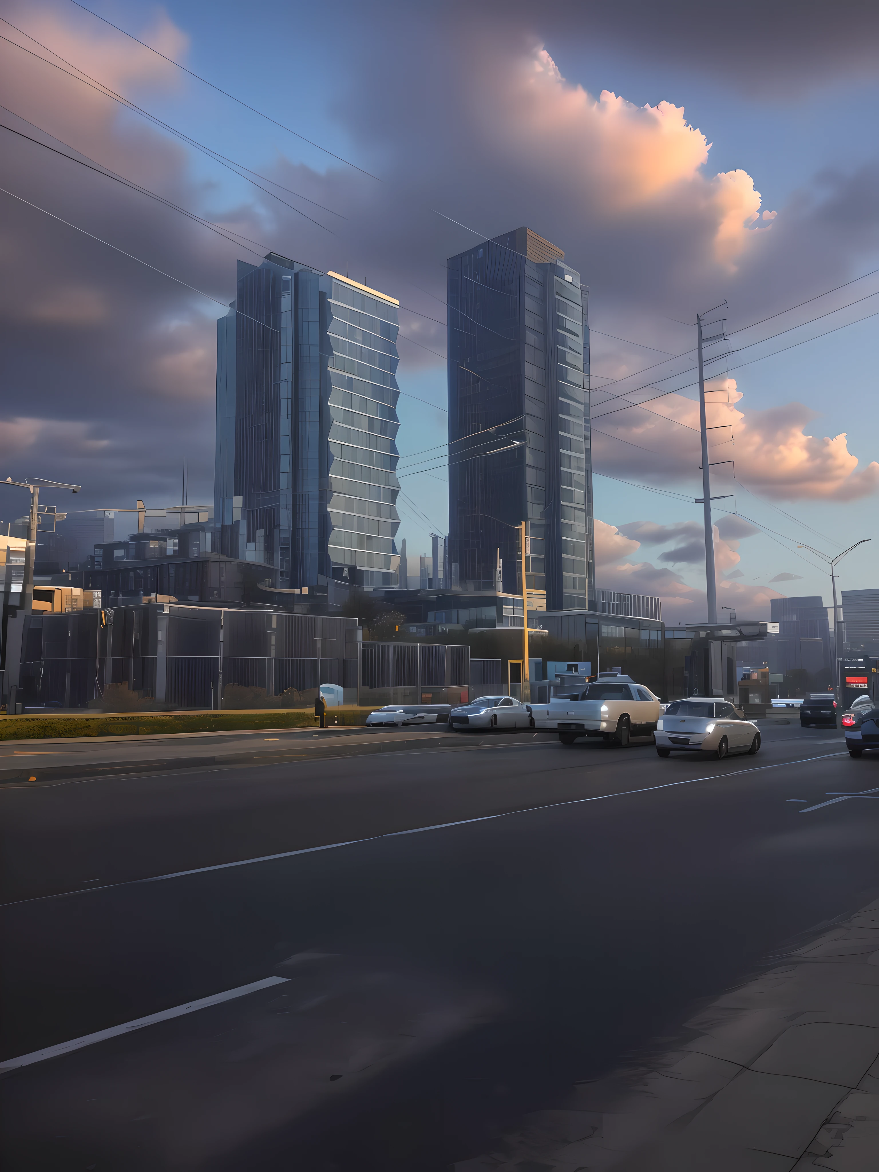 cars are driving down the road in front of tall buildings, buildings in the distance, building in the distance, view from across the street, skyscrapers in the background, tall buildings in background, lots of building, tall buildings on the sides, skyscrapers in the distance, urban view in the distance, photo from 2022, view from the distance