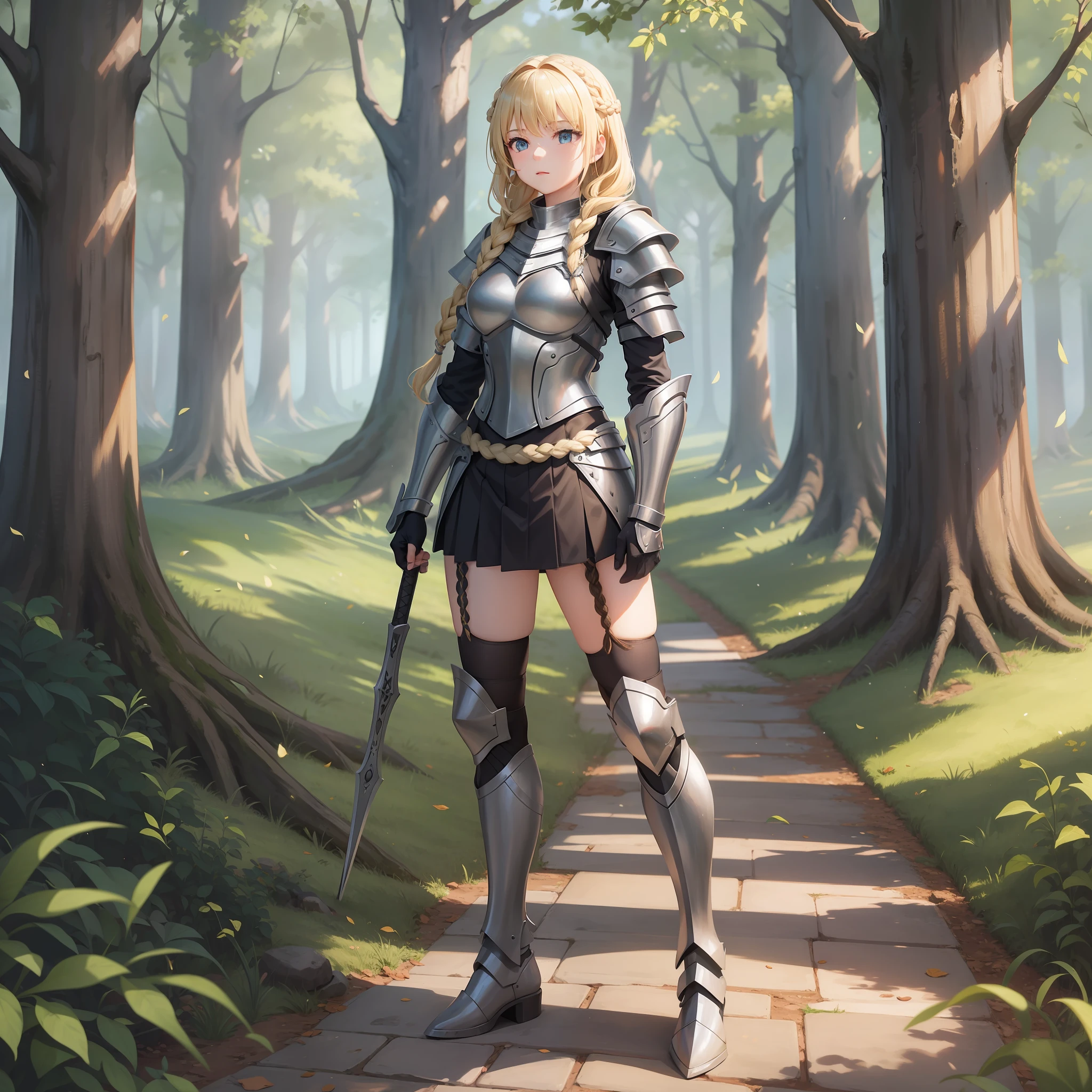 girl with braided hair, skirt, light clothing, armor, full body, blonde, forest