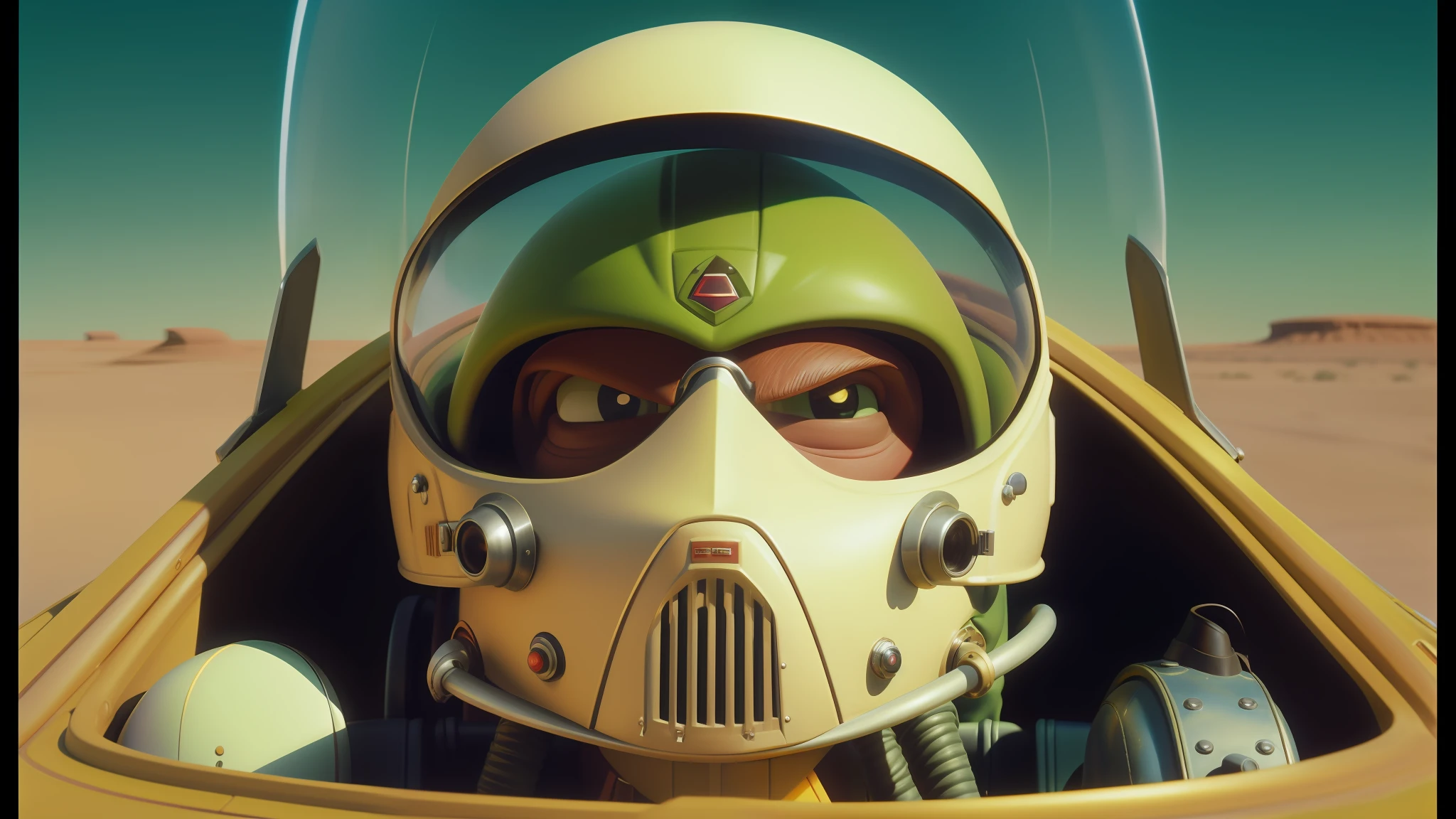 there is a man in a helmet and glasses in a racing vehicle, ralph mcquarrie style, CG, medium portrait of a goblin, soft airbrushed art, sonic boom, vfx film closeup, thin grunting face, by Enrique Tábara, ratfink, interceptor elegant profile, trooper, lodoss, anamorphic widescreen