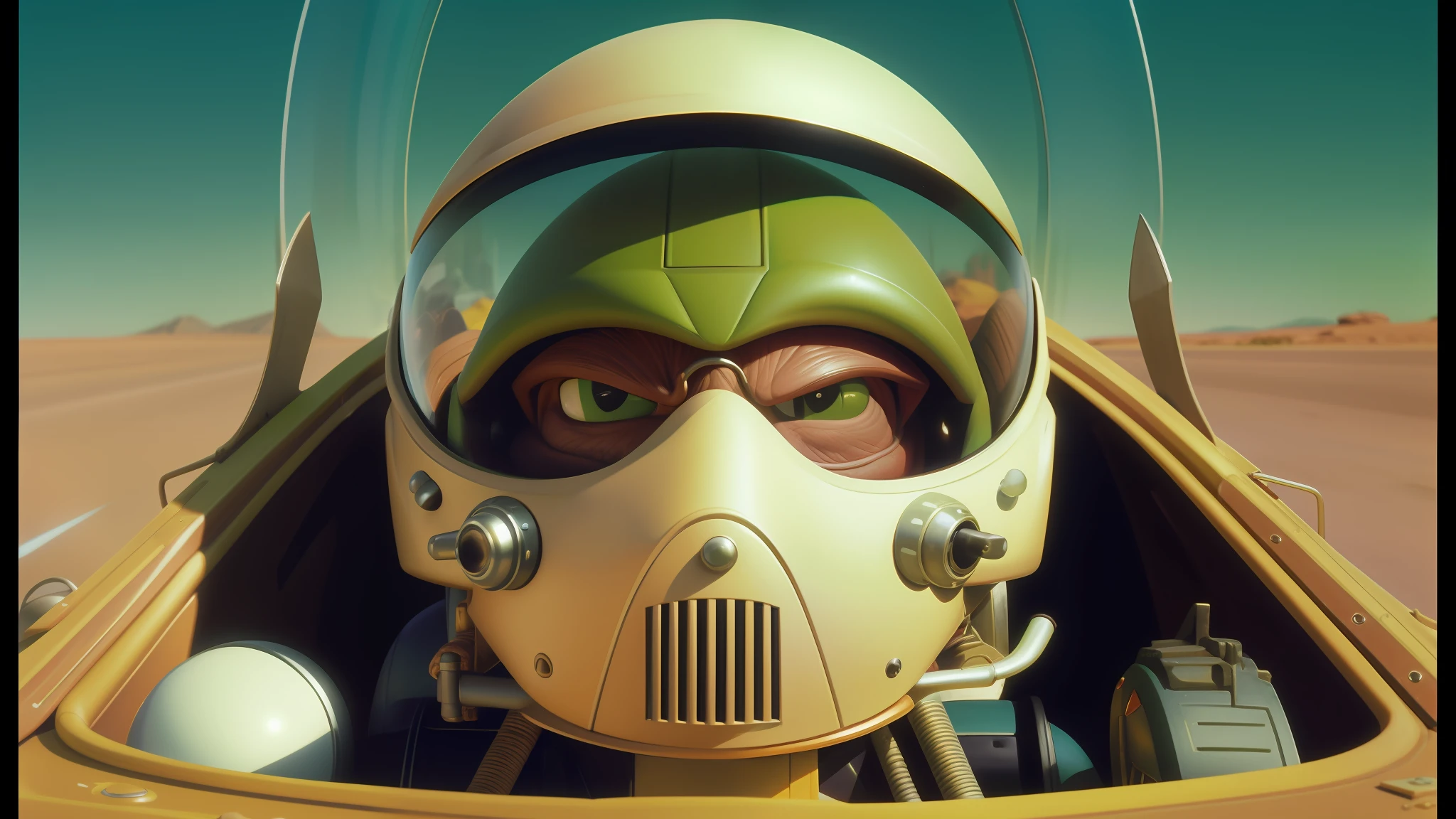 there is a man in a helmet and glasses in a racing vehicle, ralph mcquarrie style, CG, medium portrait of a goblin, soft airbrushed art, sonic boom, vfx film closeup, thin grunting face, by Enrique Tábara, ratfink, interceptor elegant profile, trooper, lodoss, anamorphic widescreen