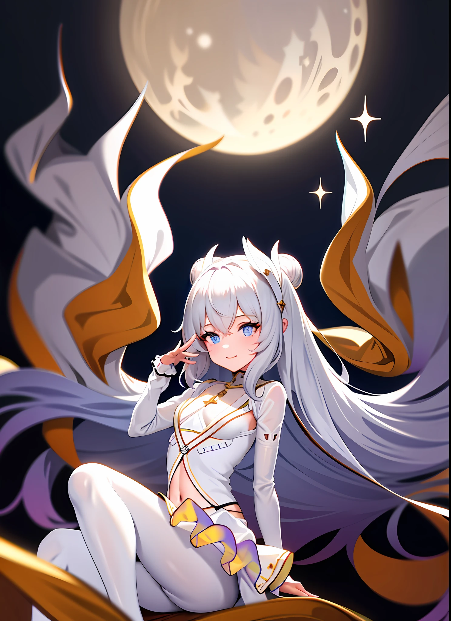 LeMalinMuse,1girl,masterclass,best quality, outdoors,city,smile, ballerina,ballet dress,   white pantyhose, ballerina, double bun,  tutu, le_malin_(muse)_(azur_lane) , idol, idol_clothes, see-through ,wing_hair_ornament, city, at night, under the big moon, arm behind back,  long sleeves, sitting,  covered_navel, star \(symbol\),