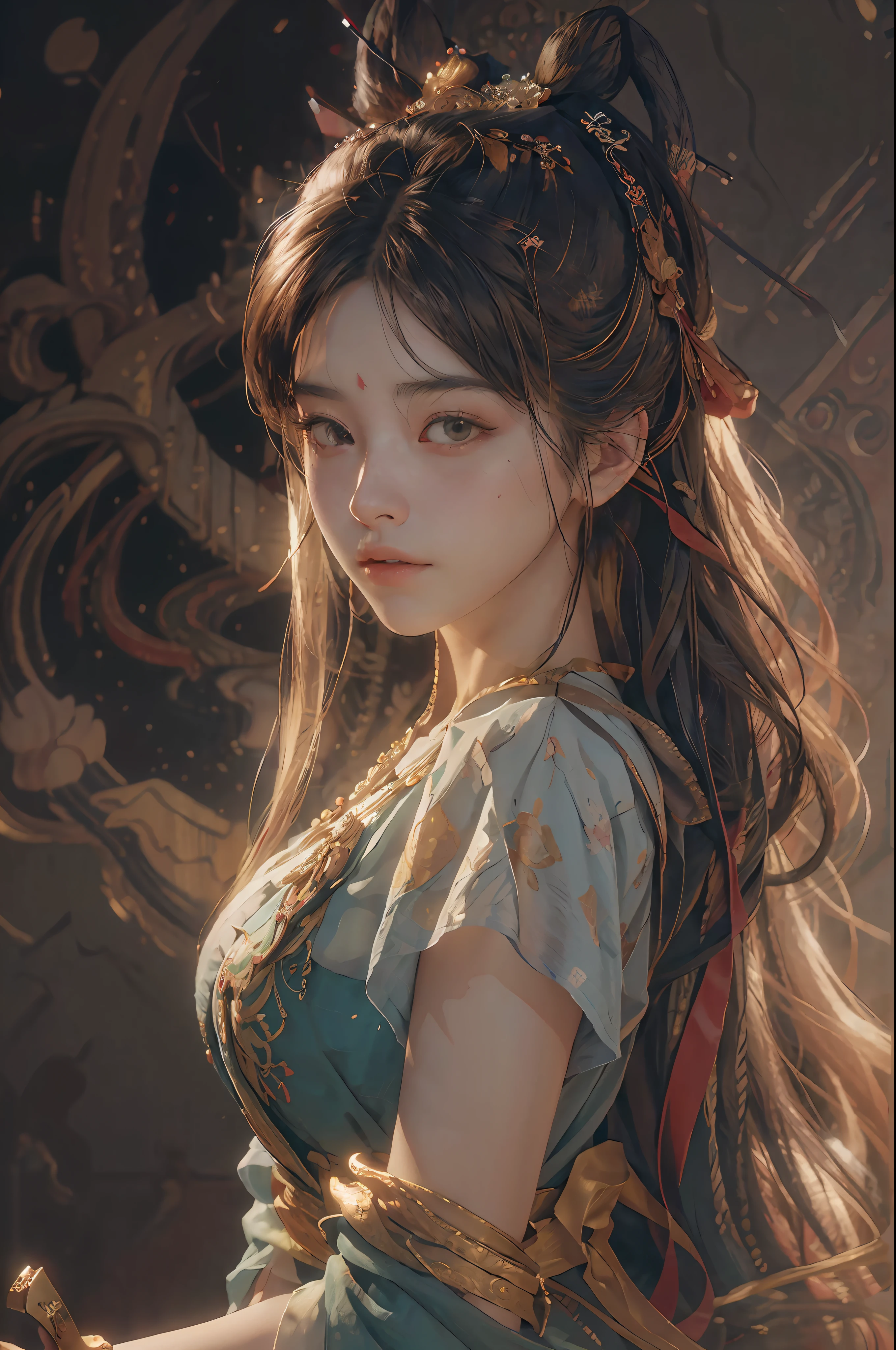 (RAW photo, best quality), (realistic, photo-realistic:1.3),best quality,highly detailed,masterpiece,ultra-detailed,illustration,1girl,upper_body,dynamic angle,world masterpiece theater,messy_long_hair,best quality,extremely detailed CG unity 8k wallpaper,ink,Amazing,cinematic lighting,lens_flare, dunhuang_style