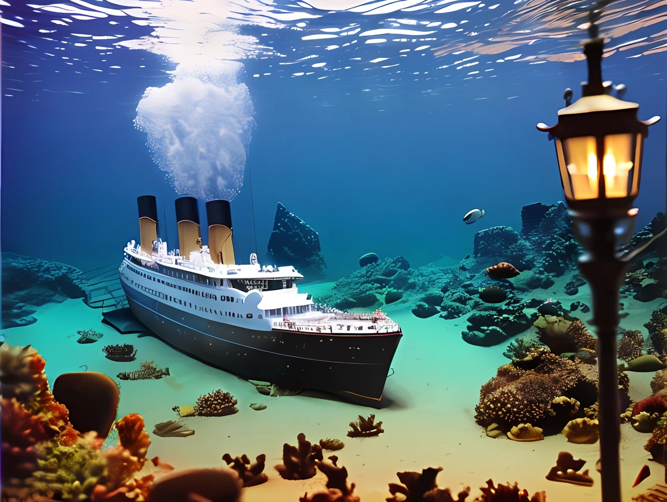 A white mini submarine:: navigating near the wreckage of the Titanic:: at the bottom of the sea. The Titanic is split in half, as it sank and has been destroyed over the years at the bottom of the sea. It is covered in algae and surrounded by various fish and marine animals, hyper realistic, night, Cinematic shot, Incredibly detailed, Sharp, Professional lighting, Photography lighting, 35mm, 32k --auto --s2