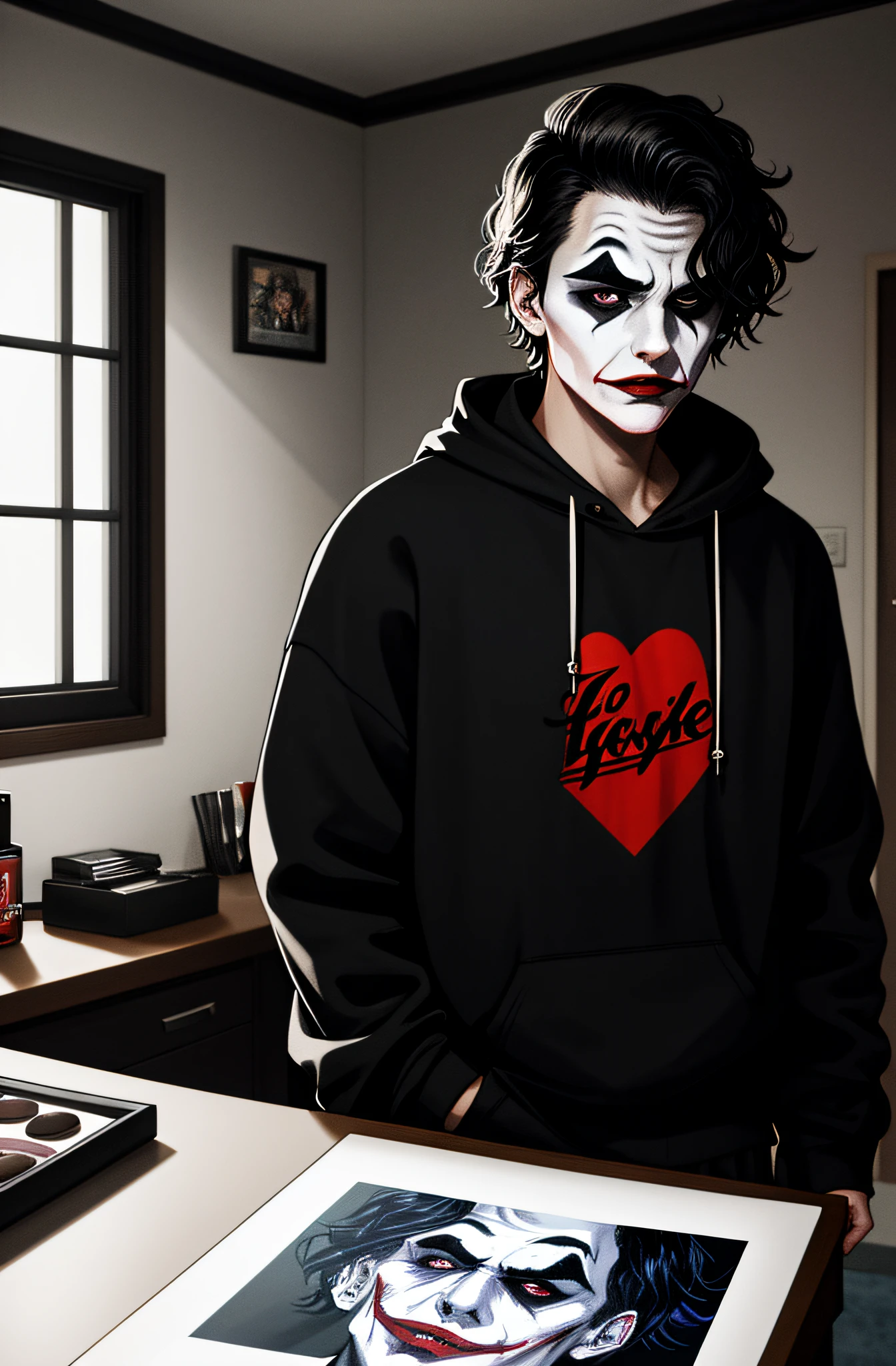 Young 20-year-old boy in sweatshirt and black with the appearance, with ultra realistic makeup of the Joker, inside the room