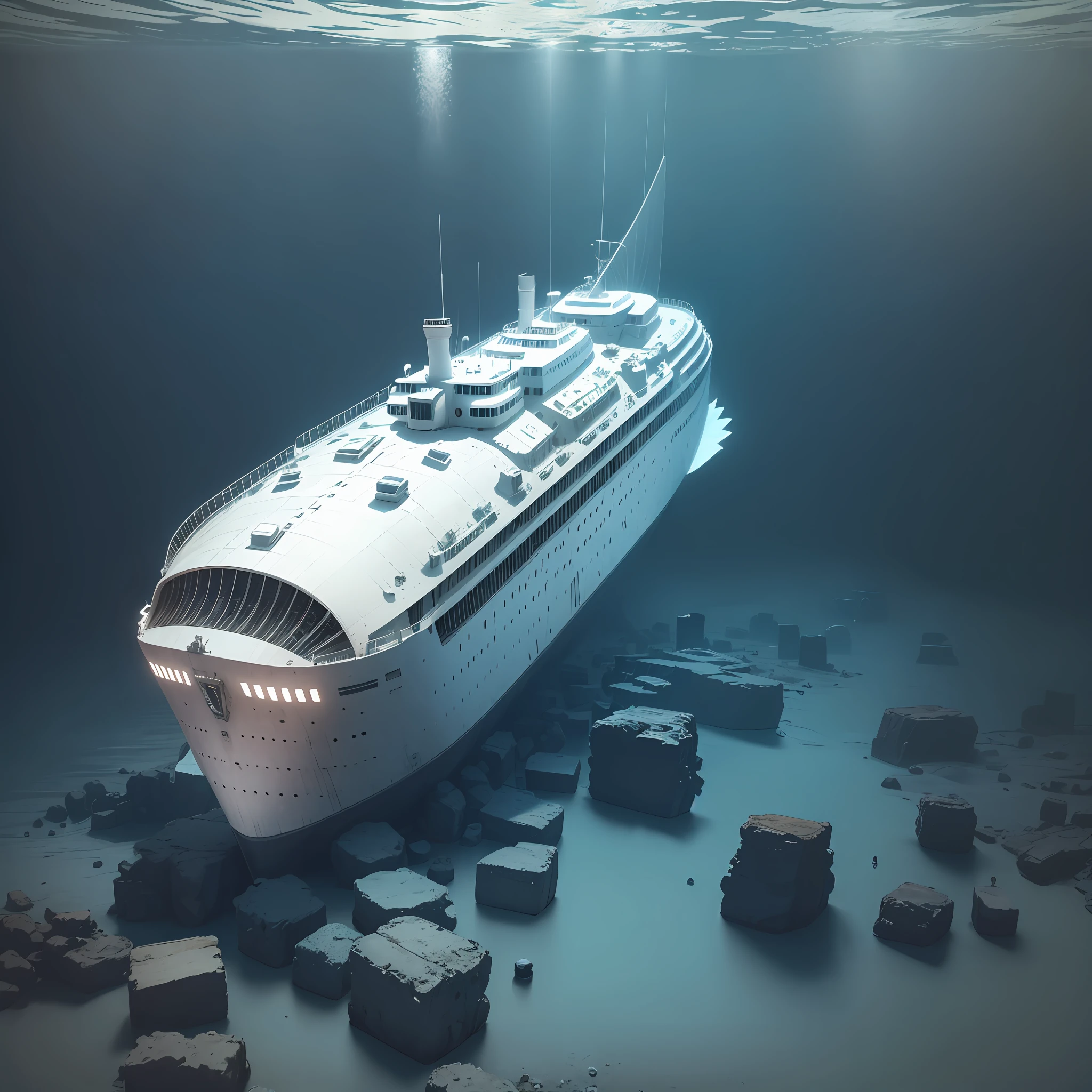 A white mini submarine visiting the remains of the Titanic transatlantic ship at the bottom of the ocean, hyper realistic, night, Cinematic shot, Incredibly detailed, Sharp, Professional lighting, Photography lighting, 35mm, 4k --auto --s2