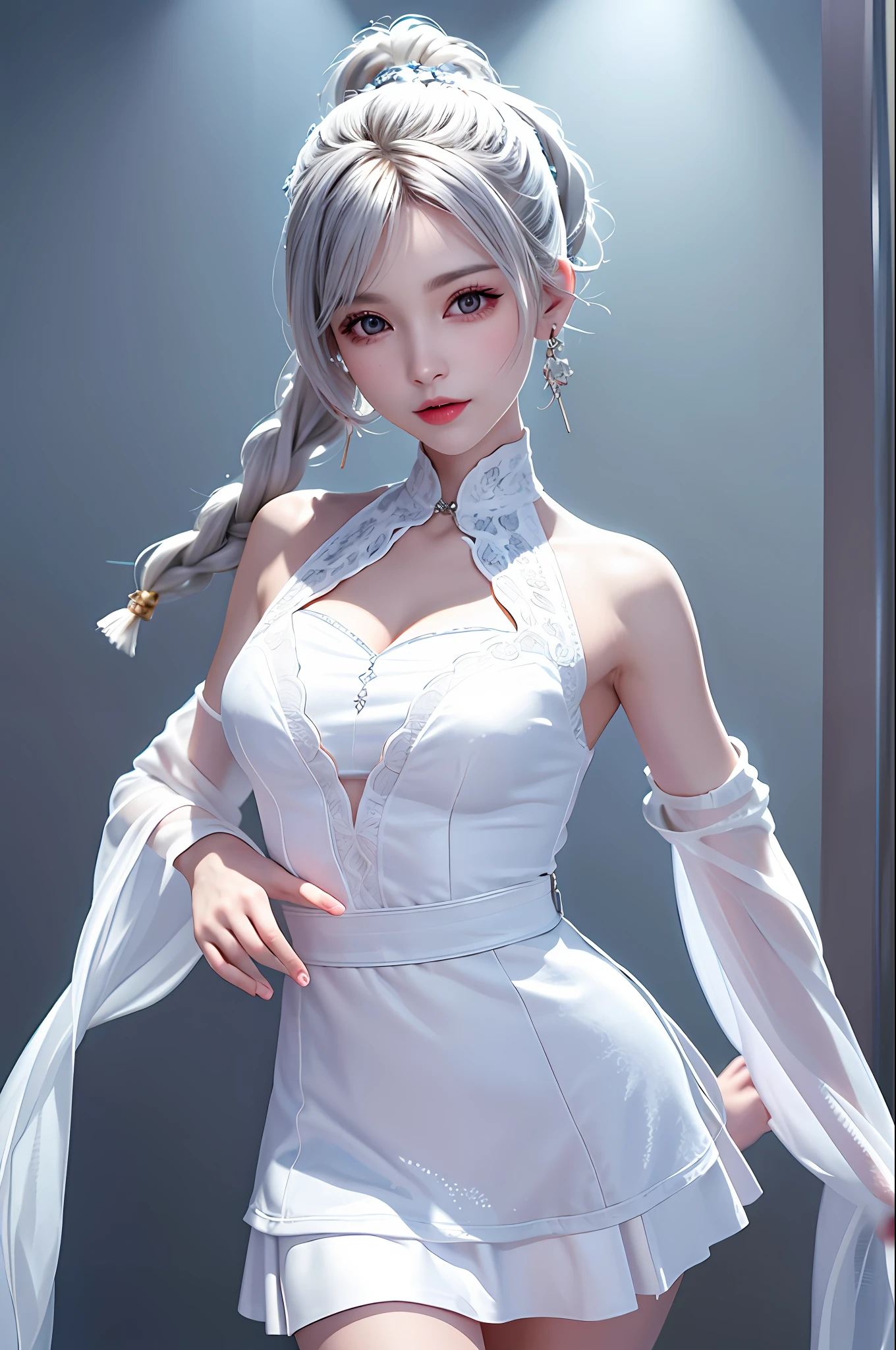 (Best Quality, Masterpiece: 1.2), Ultra High Resolution, Realistic, Front Lighting, Intricate Details, Exquisite Details and Textures, 1girl, Solo, (Young), Face Highlight, Upper Body, Detail Face, 1 Tear Mole, White Skin, Silver Hair, Ponytail, Braid, Look at the Audience, Big Eyes, Silk Robe, (Openwork Pattern, White, Silk, Short Skirt), Earrings, Small Tits, Slim Figure, Deluxe Room, Professional Lighting, Photon Mapping, Light Energy Transfer, Physically Based Rendering,