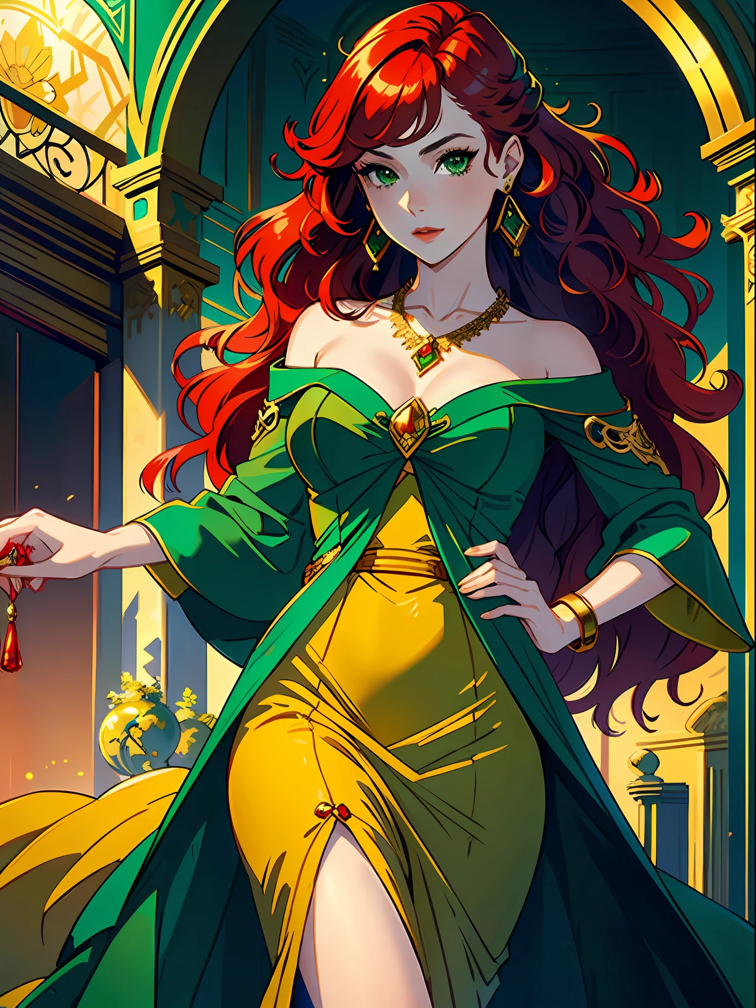 (best quality, masterpiece), portrait, 1 girl, solo, (red hair, long and wavy), (emerald eyes), golden earrings, elegant necklace, (long party dress, green color with gold details) (sunset background)