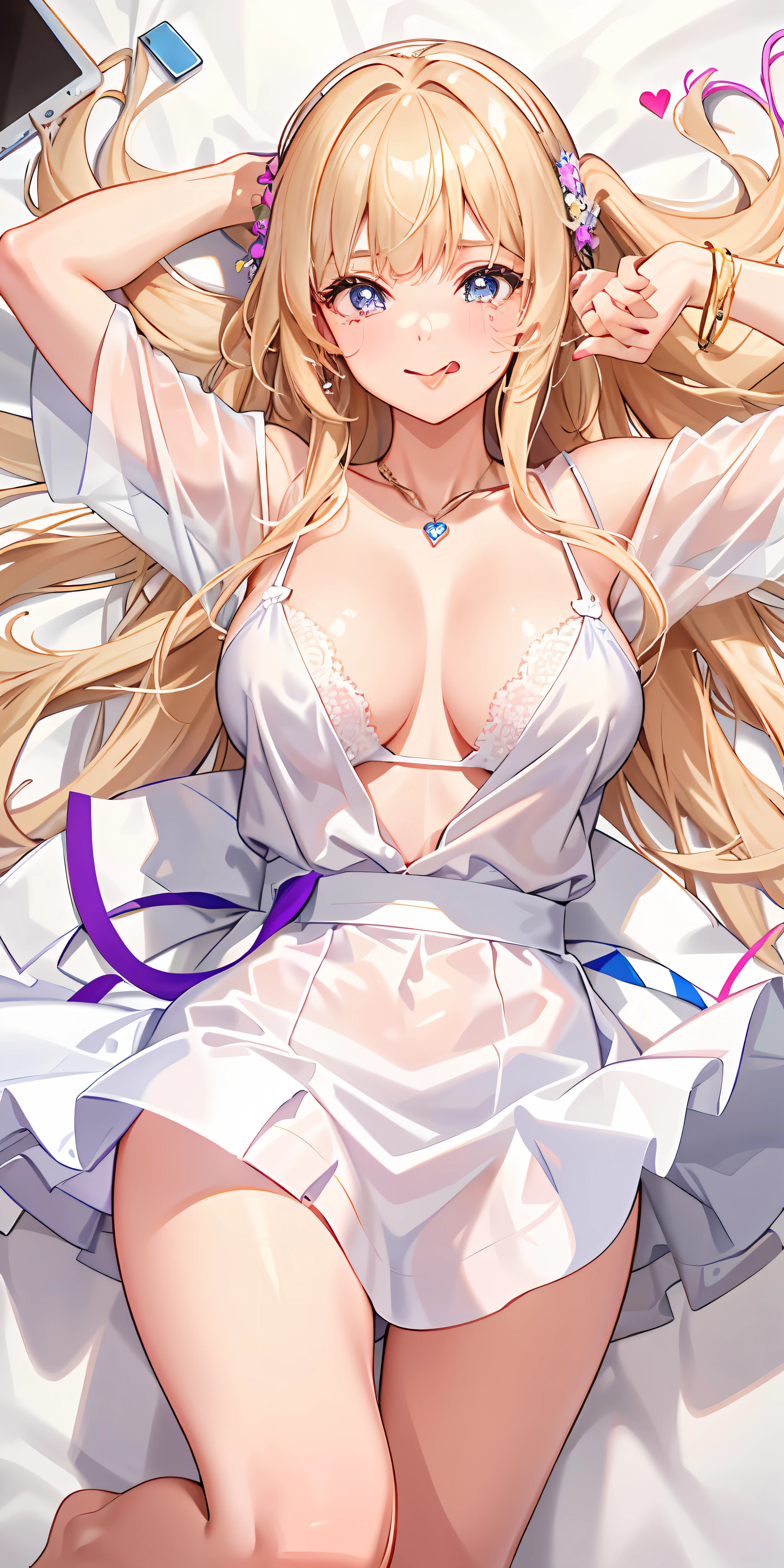 (Masterpiece: 1.4), (Best quality: 1.4), 8K, HD, ultra clear,1girl,(big breasts:1.4),blond hair,(Heart-shaped pupil:1.3),(Tongue out:1.2),scared:1.3,(cry:1.3),princess,Bare abdomen,White lace underwear,Skirt,(Looking up),night,bedroom,necklace,Messy clothes,long hair