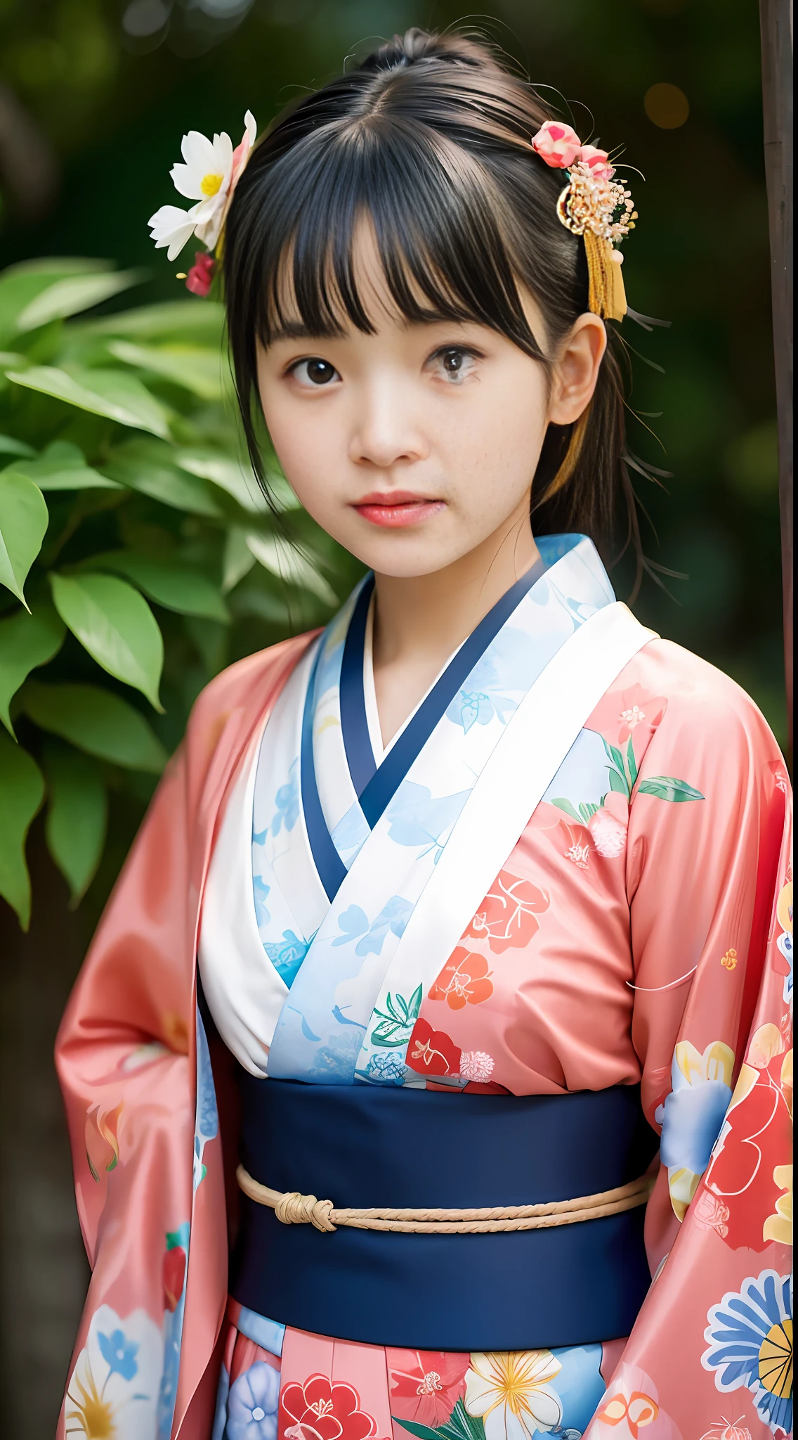 yo 1girl, solo, outdoor, cute japanese model girl, kimono, floral print, hair ornament, looking at viewer, hair flower, brown eyes, bangs, masterpiece, best quality, realistic