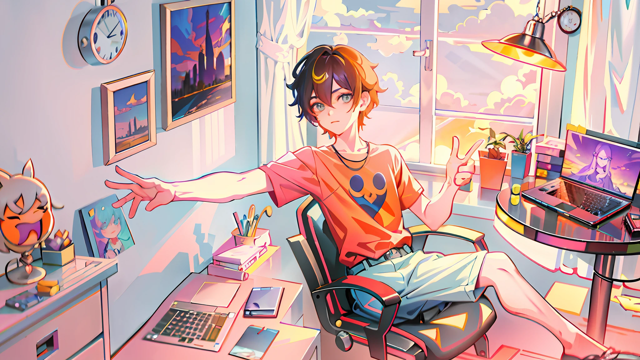 cartoon of a man sitting in a chair in front of a laptop, high quality fanart, official fan art, realistic artstyle, official fanart, lofi artstyle, unearthly art style, an aesthetic!, detailed fanart, “uwu the prismatic person, commission for high res, lofi portrait, varguyart style, ((sunset)), loish art style