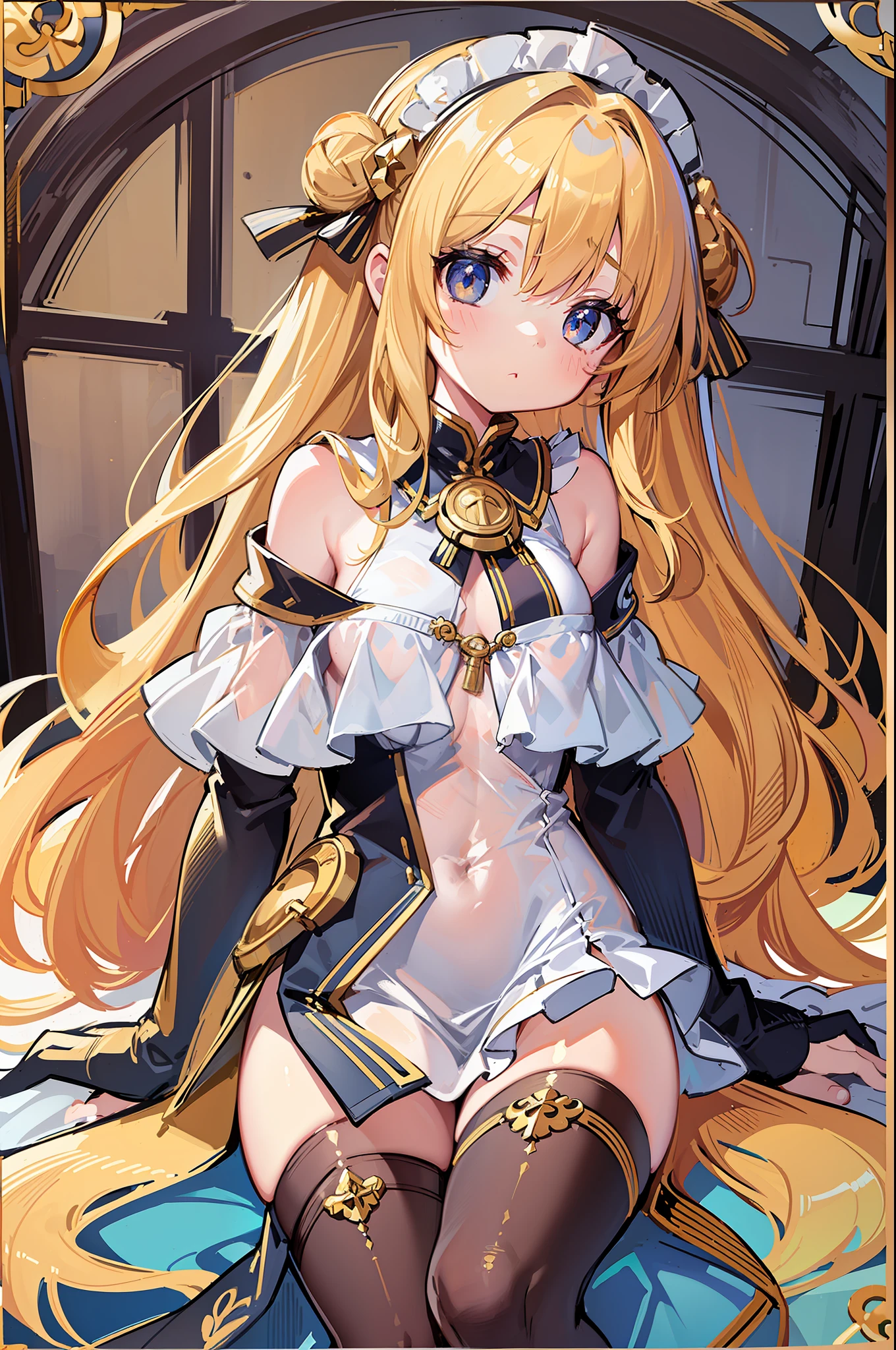 (MASTERPIECE), (Best Quality), (Ultra Detail), Official Art, One Girl, Loli with Golden Hair, Petite Little Girl, Saint Lori, Priestess, White and Gold See-Through Dress, Sleeveless, Off Shoulder, Small, Very Small Breasts, Small, Cleavage, Underboob, Thigh Focus, Navel Reveal Card Illustration, Temple