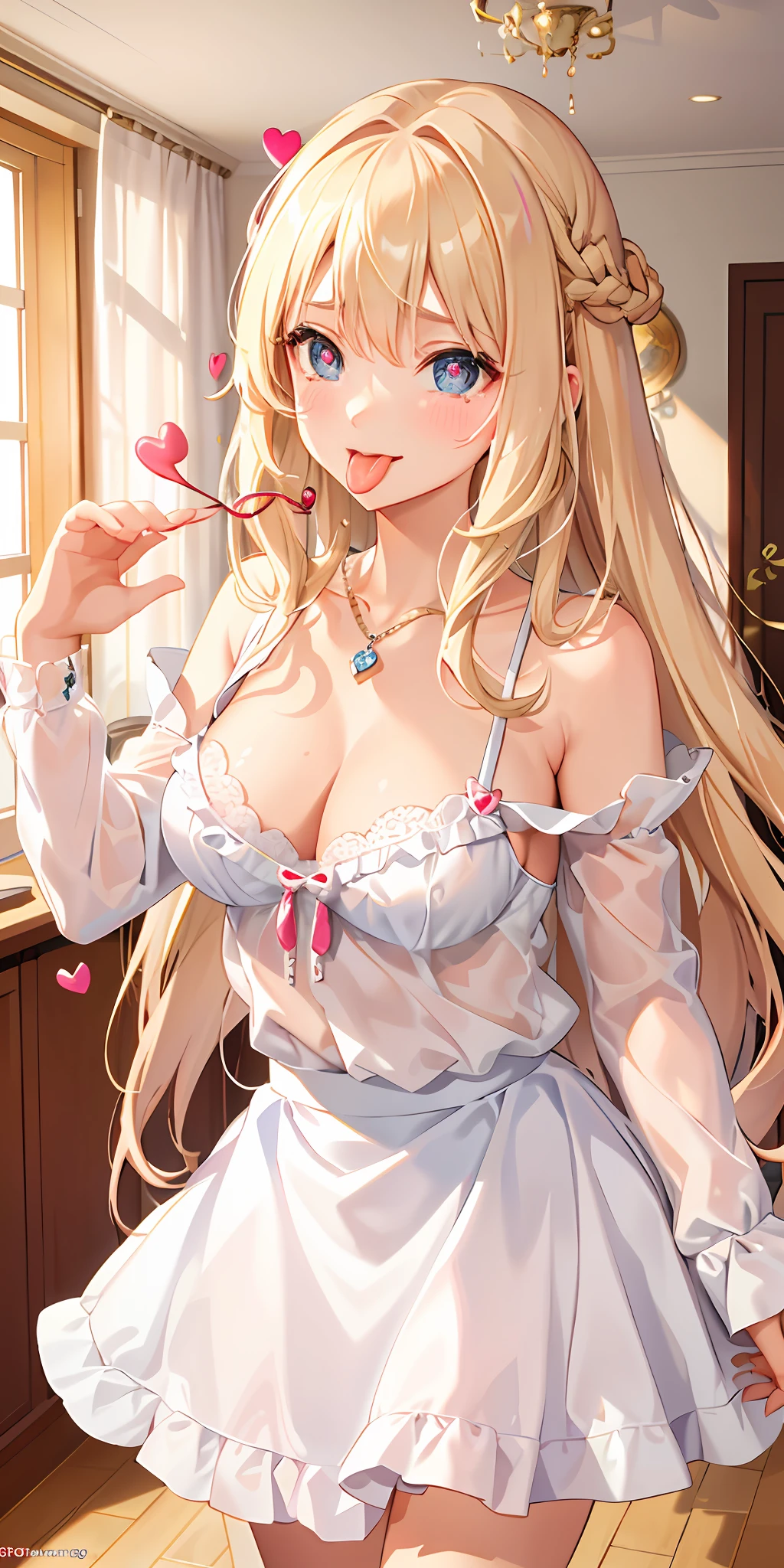 (Masterpiece: 1.4), (Best quality: 1.4), 8K, HD, ultra clear,1girl,(big breasts:1.4),blond hair,(Heart-shaped pupil:1.3),(Tongue out:1.2),scared:1.3,(cry:1.3),princess,Bare abdomen,White lace underwear,Skirt,(Looking up),night,bedroom,necklace,Messy clothes,long hair