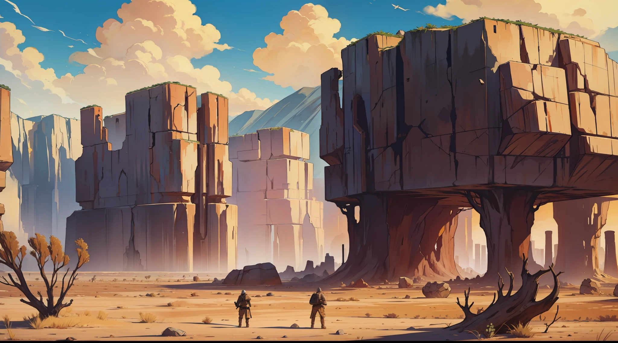 A dangerous desert with strong winds, large rocks, bones and dead trees, a perfect field for combat