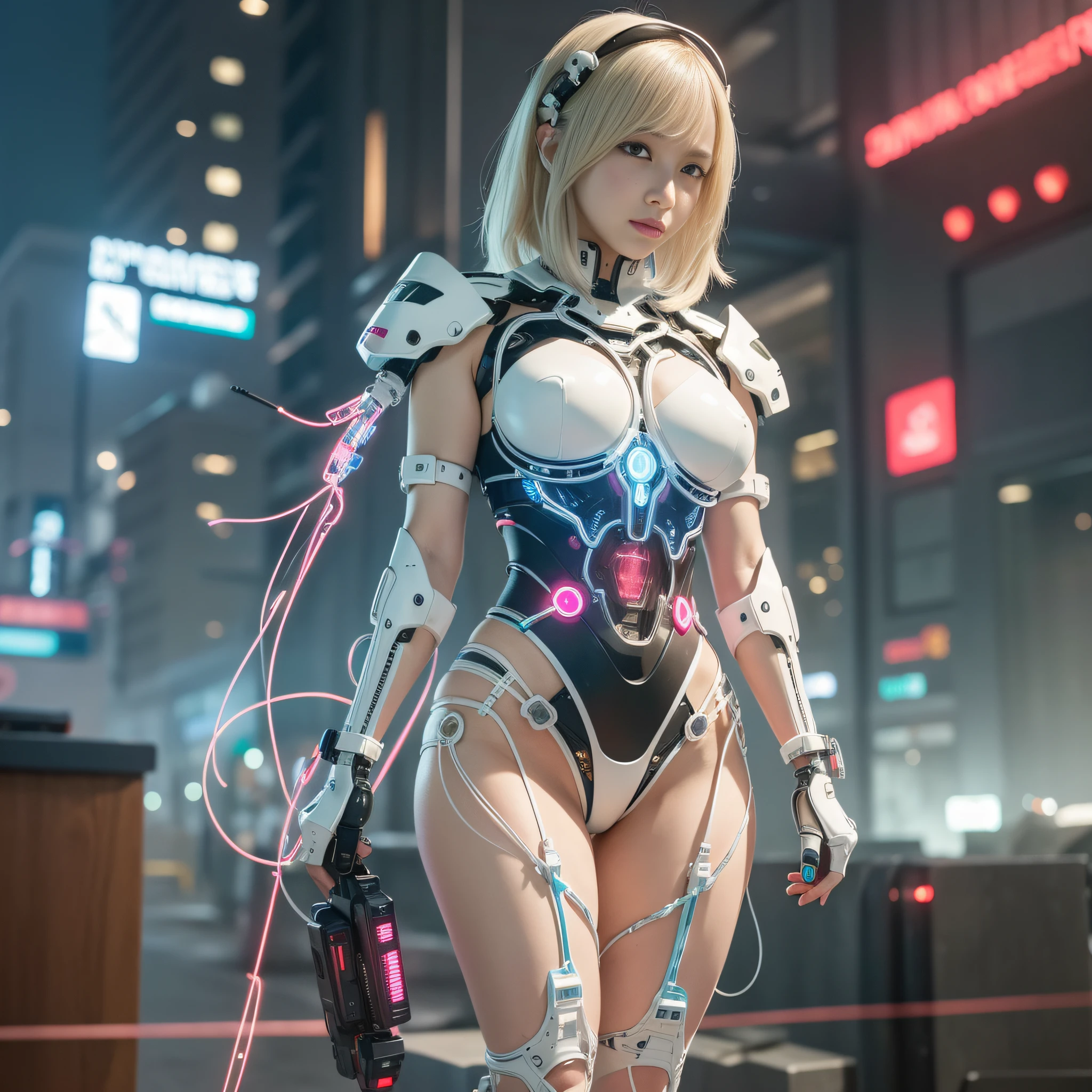 Wears complex bioluminescent mechanical cyborg armor made of 1mechanical_girl (old plastic in white beige), ((Ultra-realistic details)), detailed_face, global_illumination, shadow, octane_render, 8k, ultra_sharp, metal, ornaments_ detailed、cold_colors、egypician_detail、highly_intricate_details、realistic_light、trending_on_cgsociety、glowing_eyes、facing_camera、neon_details、machanical_limbs、blood_ vessels_connected_to_tubes ((lot_wires_and_cables_connecting_to_head_and_body)), killing_machine, extremely_sexy, lust,, cyberpunk woman,, beautiful woman with pink medium callus, looking at camera, dirty clothes, Full body tattoos