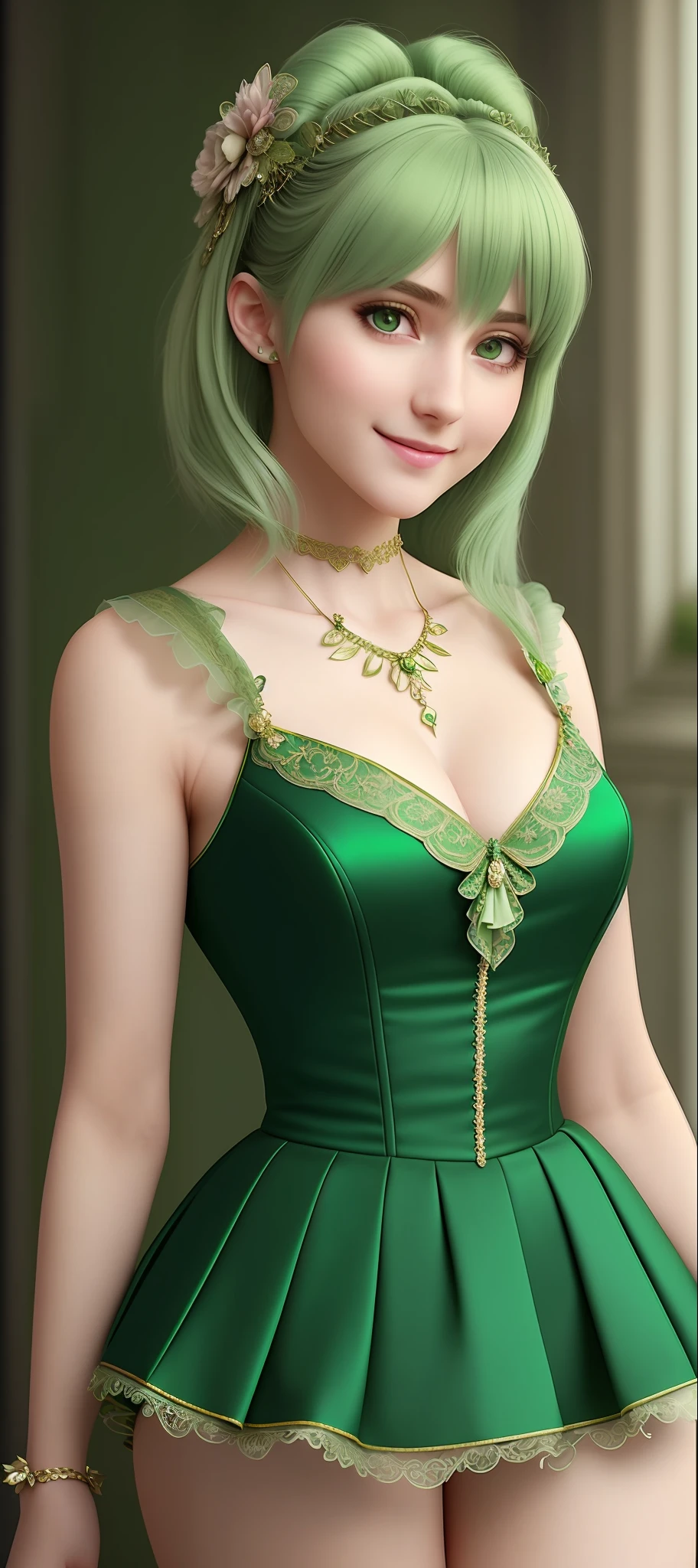 an extremely delicate and beautiful girl, 24 years old, light smile, detailed clothes, photorealistic, green hair, green palette, hdr, elegant, highly detailed, sharp focus, insane details, intricate details, hyperdetailed, 24mm, 4k textures, adobe lightroom, full body shot, waist, chest, legs, background