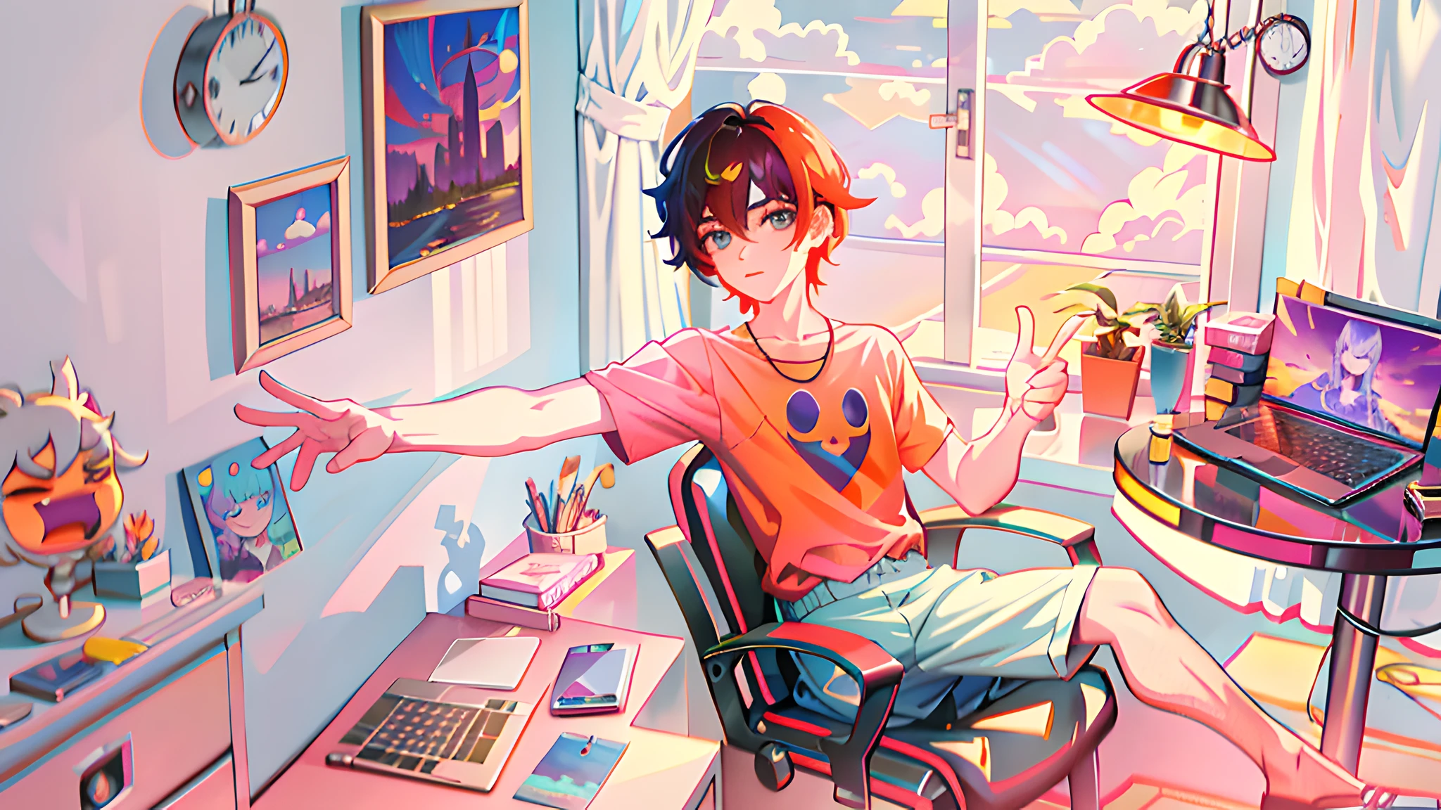 cartoon of a man sitting in a chair in front of a laptop, high quality fanart, official fan art, realistic artstyle, official fanart, lofi artstyle, unearthly art style, an aesthetic!, detailed fanart, “uwu the prismatic person, commission for high res, lofi portrait, varguyart style, ((sunset)), loish art style