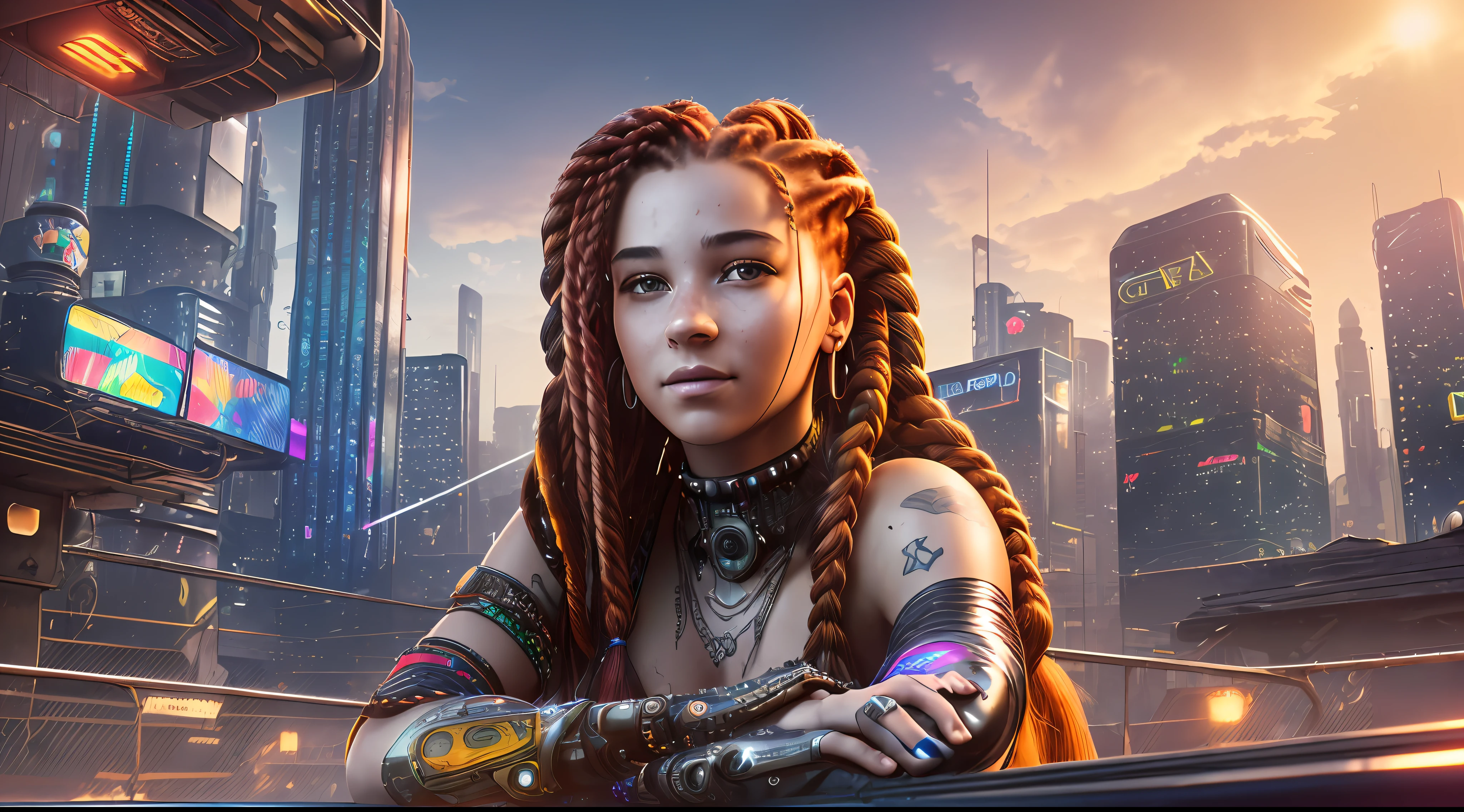 (((An extremely detailed portrait of a beautiful 18-year-old with red wavy hair and 2 multicolored braids sitting on a cyberpunk city roof at night wearing a red metallic dress with jewels))) realism, real eyes, smiling, fun, happy, food dishes, drink glass, pixiv trend, atmospheric lighting, intricate, fashion photo shoot, glamorous pose, dramatic fabric, ambient occlusion, volumetric lighting, glamorous, ray tracing, path-tracing, tattoos, professional studio lighting, backlit, Deviant-art, hyper detailed effects. Steam coming from holes (background in focus) 8k HD --auto --s2