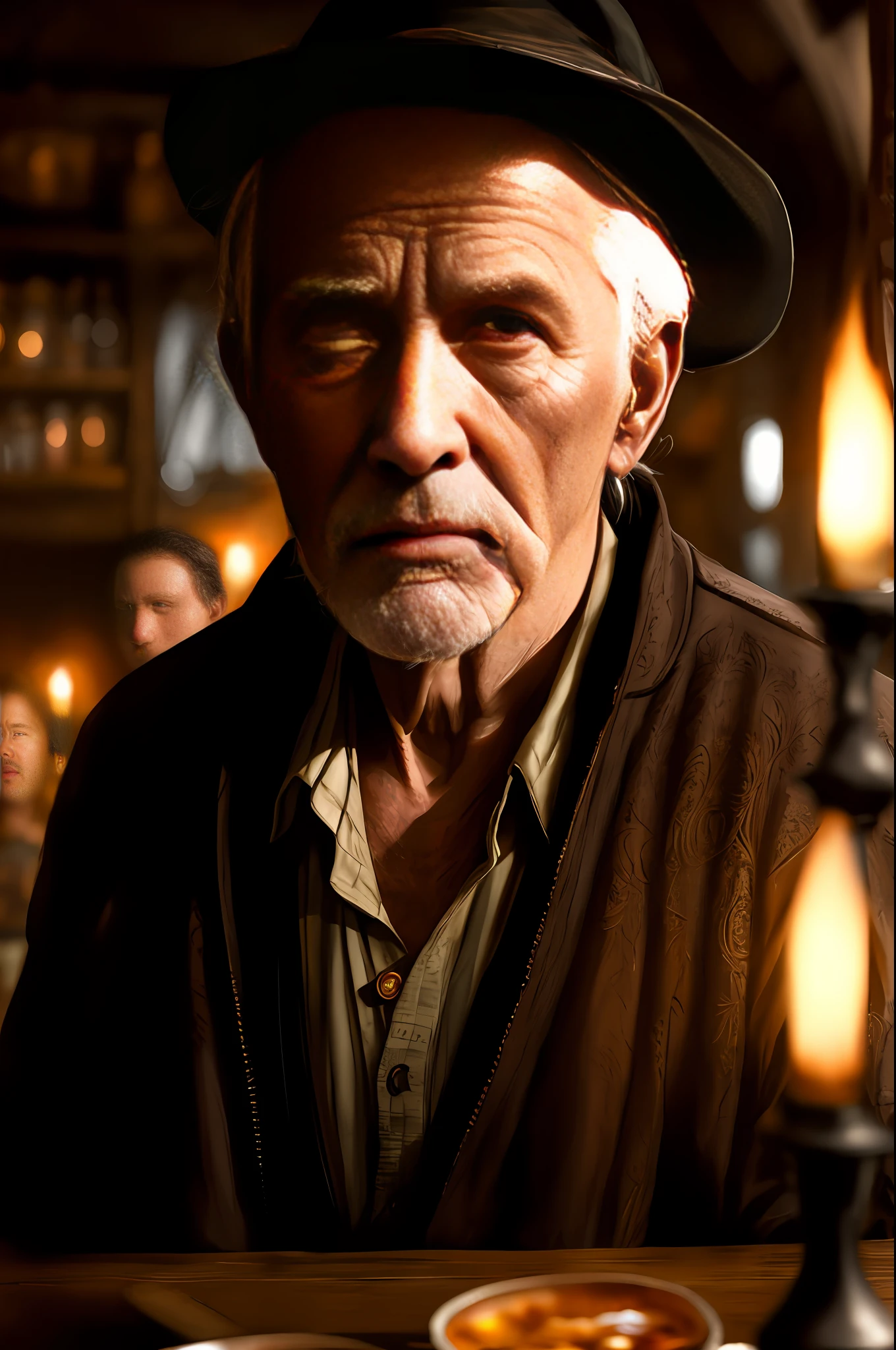 photo by JernauKrisStew, a (decrepit, scary, sinister old man), in a tavern, modelshoot style, (extremely detailed CG unity 8k wallpaper), photo of the most beautiful artwork in the world, majestic professional oil painting by Ed Blinkey, Atey Ghailan, Studio Ghibli, by Jeremy Mann, Greg Manchess, Antonio Moro, Trending on ArtStation, Trending on CGSociety, intricate, highly detailed, sharp focus, dramatic, photorealistic painting by midjourney and greg rutkowski, low lighting, backlight torches ((medieval tavern)) , (looking at viewer), (sinister detailed pupils), (close-up)