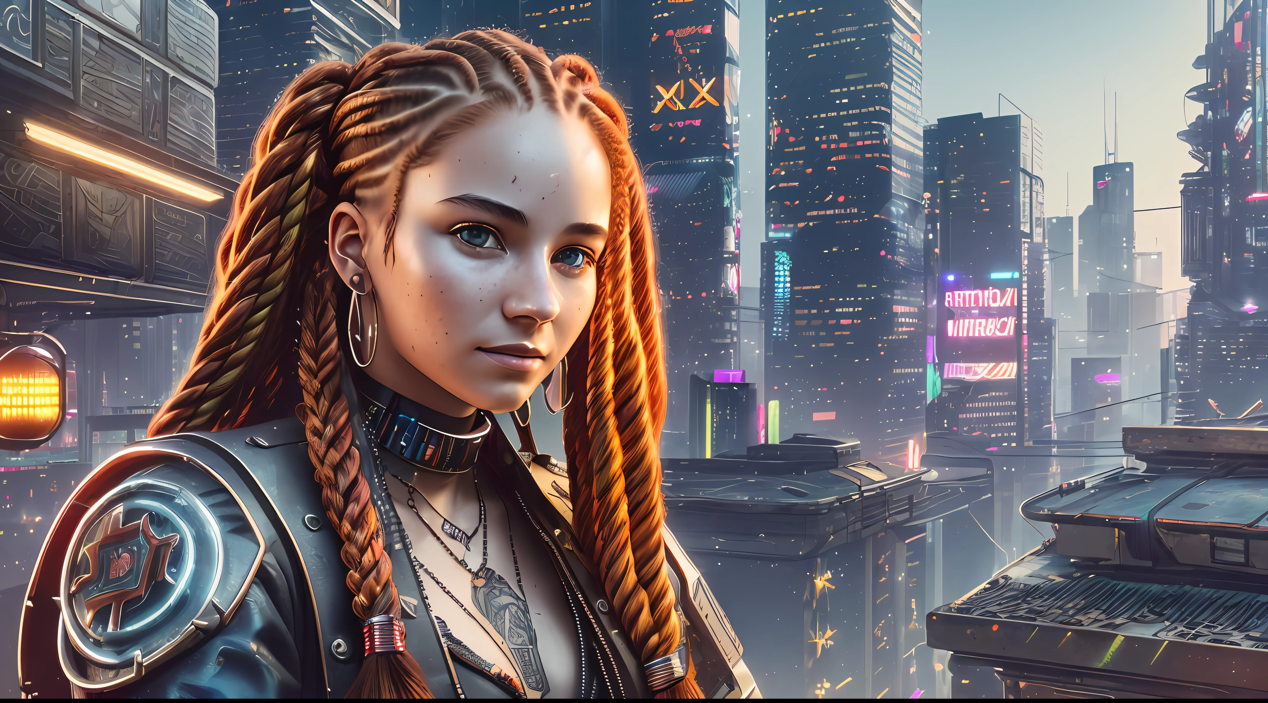 (((An extremely detailed portrait of a beautiful 18-year-old with red wavy hair and 2 multicolored braids sitting on a cyberpunk city roof at night wearing a red metallic dress with jewels))) realism, real eyes, smiling, fun, happy, food dishes, drink glass, pixiv trend, atmospheric lighting, intricate, fashion photo shoot, glamorous pose, dramatic fabric, ambient occlusion, volumetric lighting, glamorous, ray tracing, path-tracing, tattoos, professional studio lighting, backlit, Deviant-art, hyper detailed effects. Steam coming from holes (background in focus) 8k HD --auto --s2