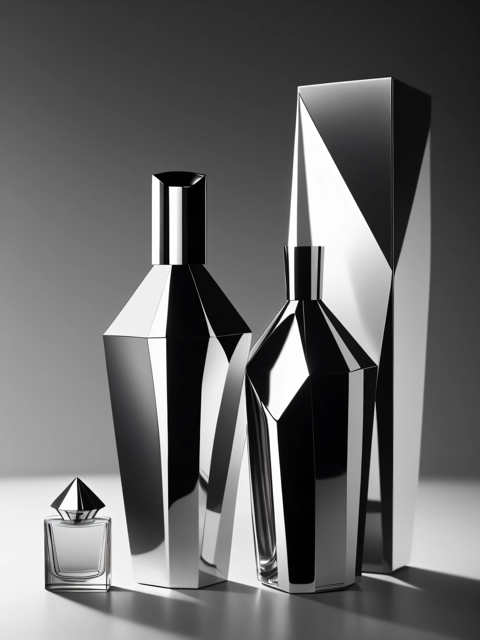 a close up of two bottles of perfume on a geometric surface, by Jakob Gauermann, dramatic product lighting, dark-toned product photos, dramatic product shot, by Thomas Häfner, infinite, by Kurt Roesch, packshot, shiny metallic glossy skin, shiny skin”, by Micha Klein, dramatic product photography, beauty shot