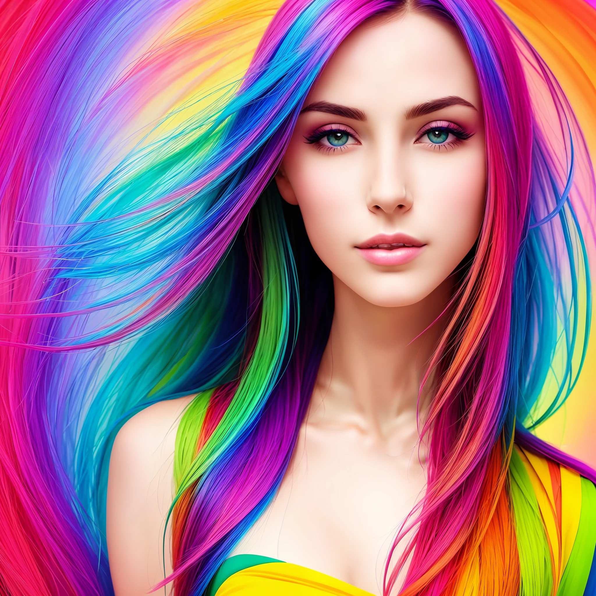 1 extremely beautiful woman colorful background and ultra realistic picture