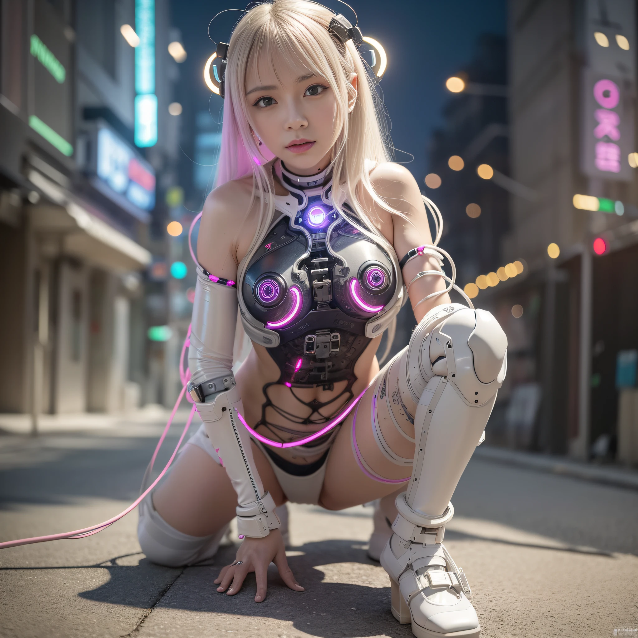 Wears complex bioluminescent mechanical cyborg armor made of 1mechanical_girl (old plastic in white beige), ((Ultra-realistic details)), detailed_face, global_illumination, shadow, octane_render, 8k, ultra_sharp, metal, ornaments_ detailed、cold_colors、egypician_detail、highly_intricate_details、realistic_light、trending_on_cgsociety、glowing_eyes、facing_camera、neon_details、machanical_limbs、blood_ vessels_connected_to_tubes ((lot_wires_and_cables_connecting_to_head_and_body)), killing_machine, extremely_sexy, lust,, cyberpunk woman,, beautiful woman with pink medium callus, looking at camera, dirty clothes, Full body tattoos, masturbation