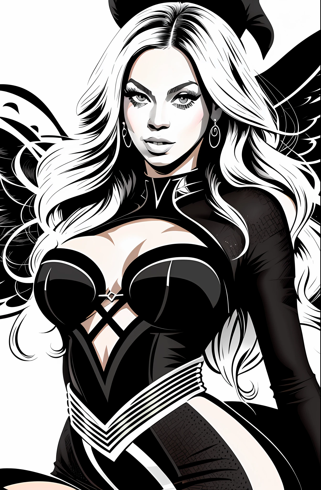 (gouache:0.8), (vector:1.4), Beyonce, epic, realistic, stroke art, black and white, flowery dress, detailed clothes