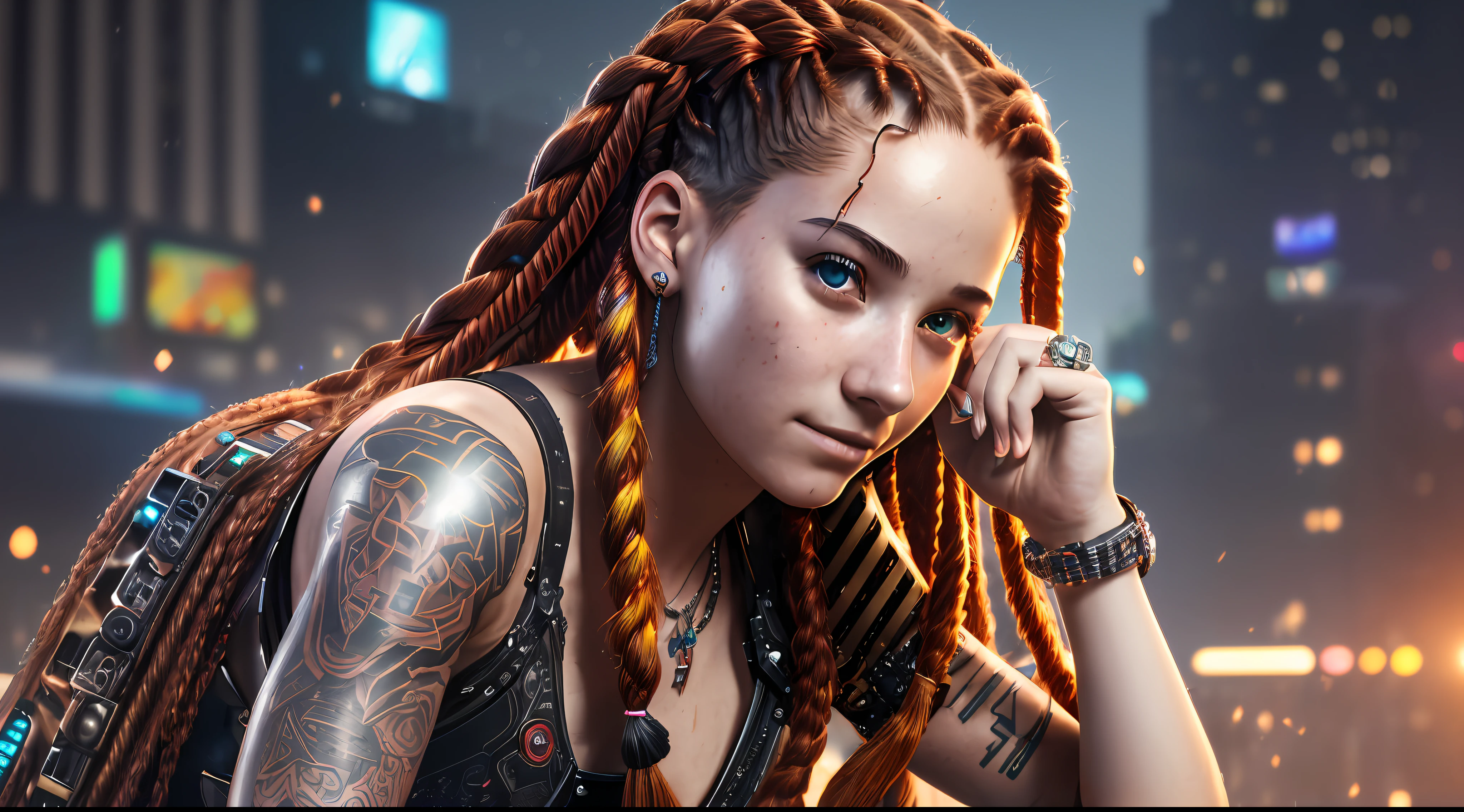 (((An extremely detailed portrait of a beautiful 18-year-old with red wavy hair and 2 multicolored braids sitting on a cyberpunk city roof at night wearing a red metallic dress with jewels))) realism, real eyes, smiling, fun, happy, food dishes, drink glass, pixiv trend, atmospheric lighting, intricate, fashion photo shoot, glamorous pose, dramatic fabric, ambient occlusion, volumetric lighting, glamorous, ray tracing, path-tracing, tattoos, professional studio lighting, backlit, Deviant-art, hyper detailed effects. Steam coming from holes (background in focus) 8k HD --auto --s2