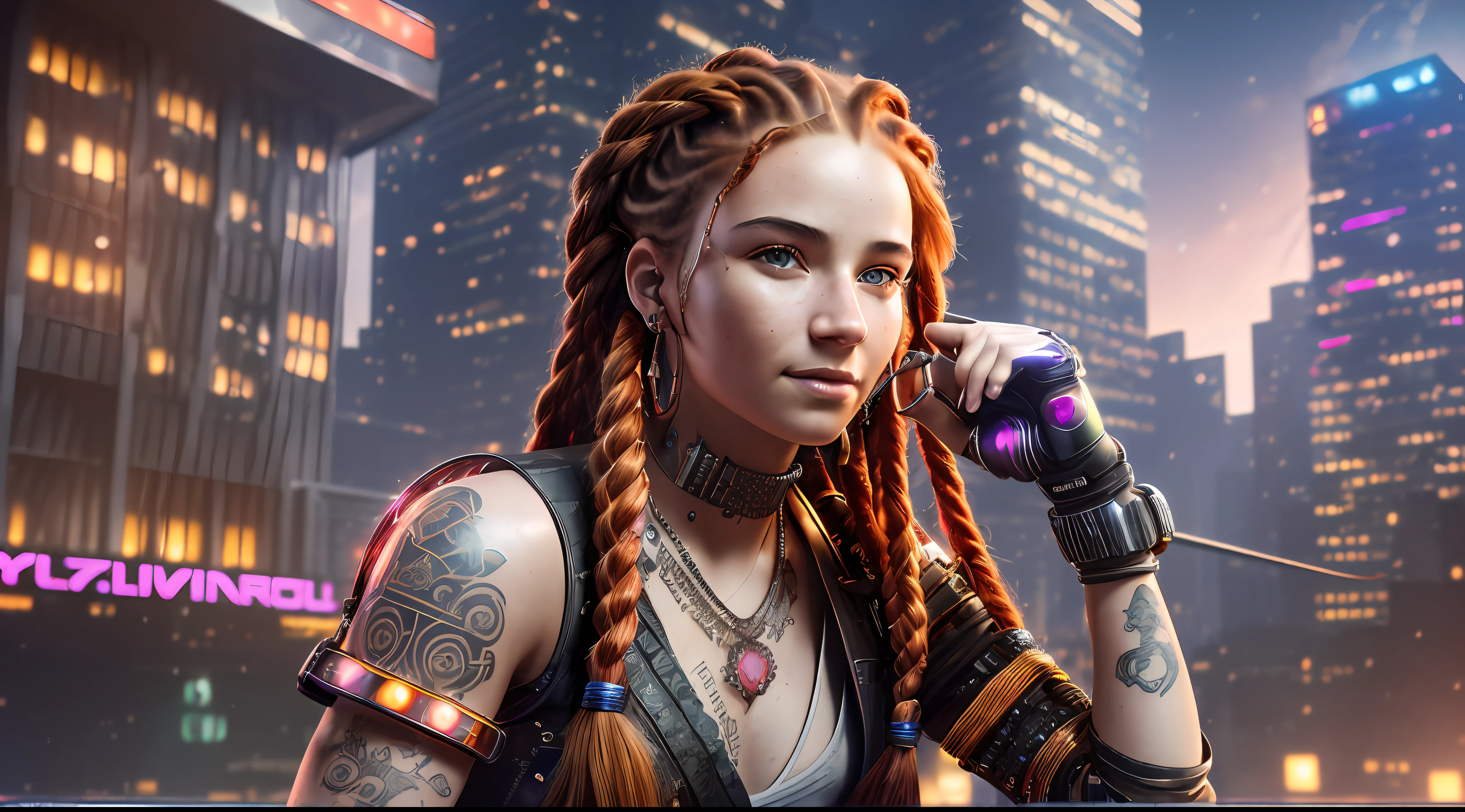 (((An extremely detailed portrait of a beautiful 18-year-old with red wavy hair and 2 multicolored braids sitting on a cyberpunk city roof at night wearing a red metallic dress with jewels))) realism, real eyes, smiling, fun, happy, food dishes, drink glass, pixiv trend, atmospheric lighting, intricate, fashion photo shoot, glamorous pose, dramatic fabric, ambient occlusion, volumetric lighting, glamorous, ray tracing, path-tracing, tattoos, professional studio lighting, backlit, Deviant-art, hyper detailed effects. Steam coming from holes (background in focus) 8k HD --auto --s2