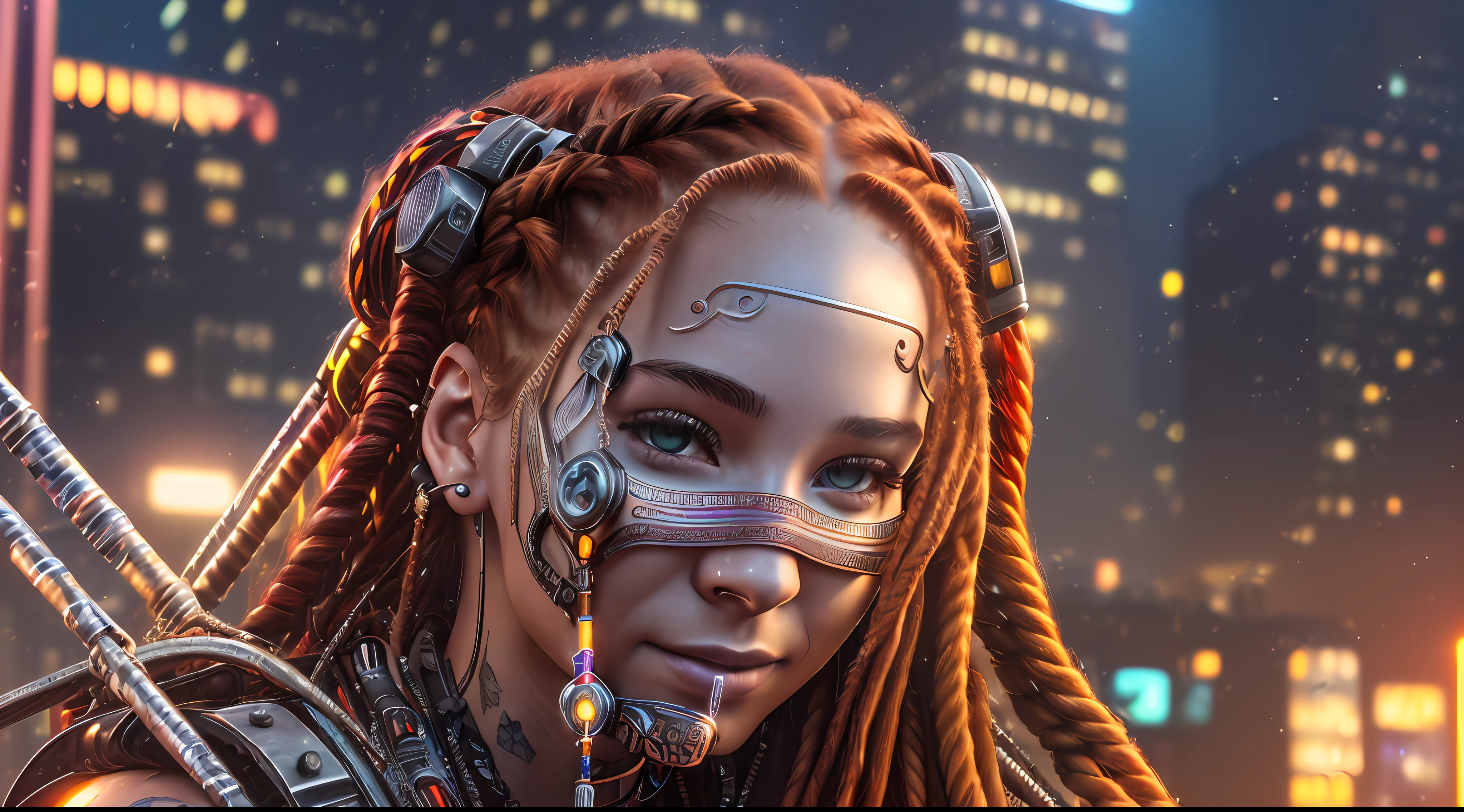 (((An extremely detailed portrait of a beautiful 18-year-old with red wavy hair and 2 multicolored braids sitting on a cyberpunk city roof at night wearing a red metallic dress with jewels))) realism, real eyes, smiling, fun, happy, food dishes, drink glass, pixiv trend, atmospheric lighting, intricate, fashion photo shoot,  glamorous pose, dramatic fabric, ambient occlusion, volumetric lighting, glamorous, ray tracing, path-tracing, tattoos, professional studio lighting, backlit, Deviant-art, hyper detailed effects. Steam coming from holes (background in focus) 8k HD --auto --s2