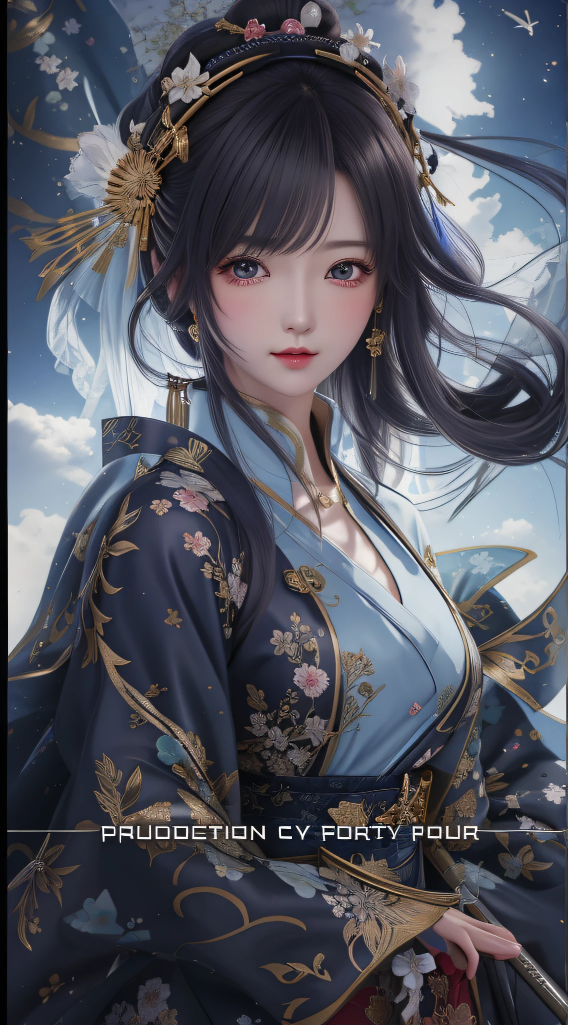 A woman in a kimono dress, unfolding behind her is a sword and a wide sky. It is a beautiful anime portrait carefully painted by Yang J, showing a Guvez style. The palace and a girl in Han costume can be seen. Precious anime art wallpaper, using 8K resolution, portrays beautiful and seductive women, depicting the look and details of girls in detail.