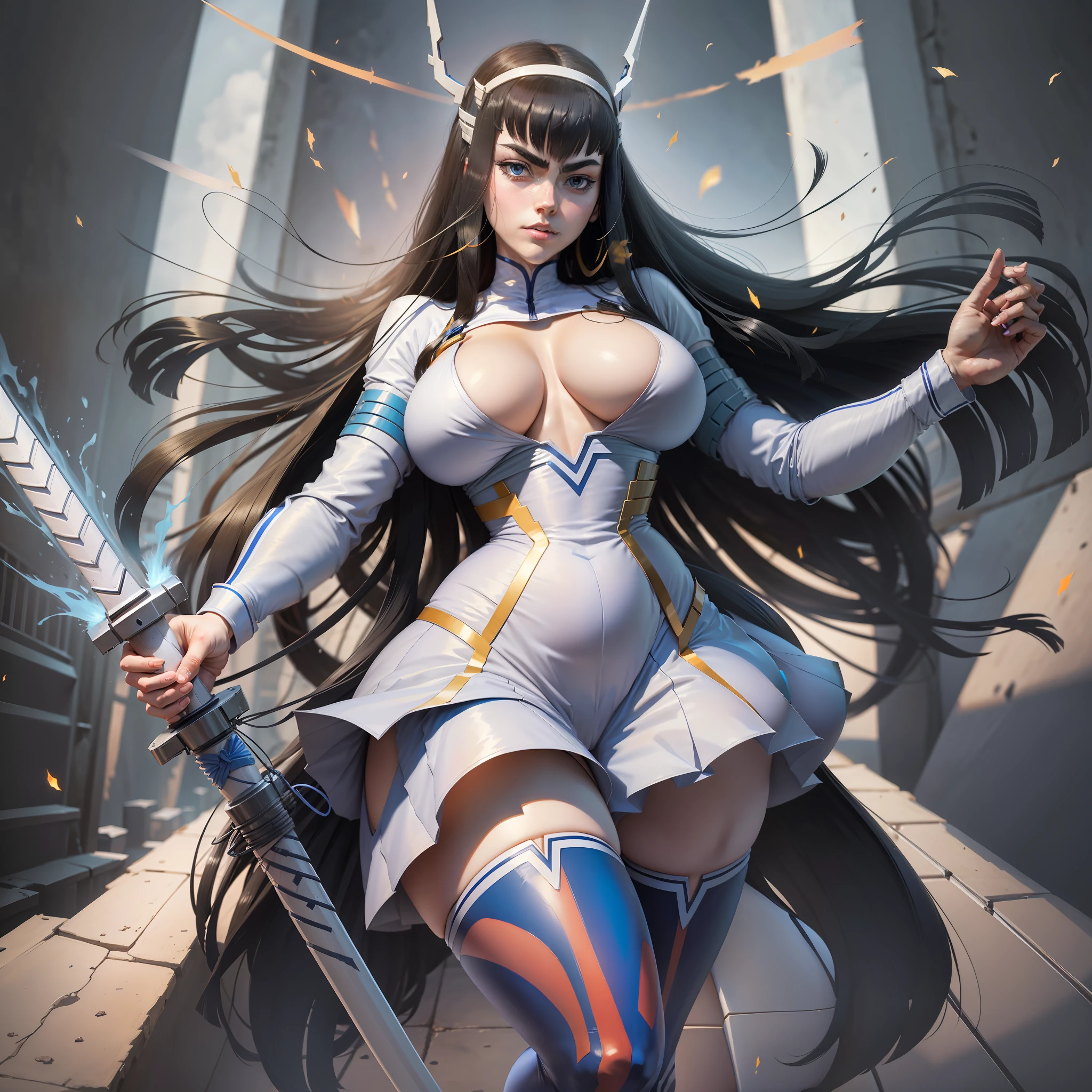 Satsuki Kiryuin, Satsuki Kiryuin from Kill-la-Kill, dressed in junkets, big breasts, voluminous breasts, curvy breasts, mesh stockings, standing with a katana, full height, bottom view, best quality, very detailed, ultra 8k resolution