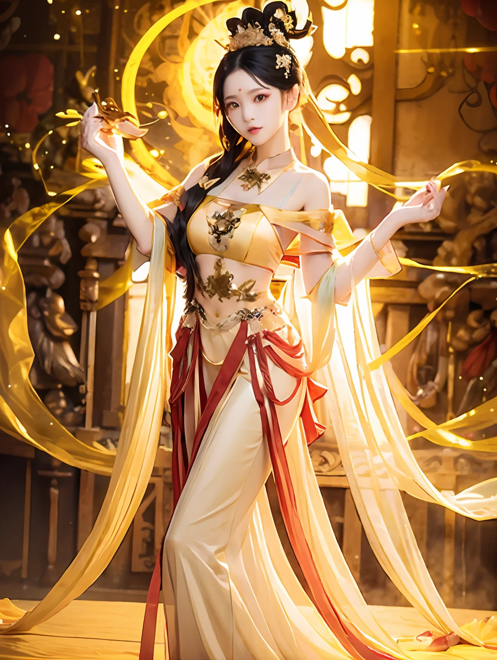 Girl, yellow cassock, Hanfu, transparent, long hair shawl, sexy, off-the-shoulder, no headdress, revealing long legs, delicate, picture quality 8k,