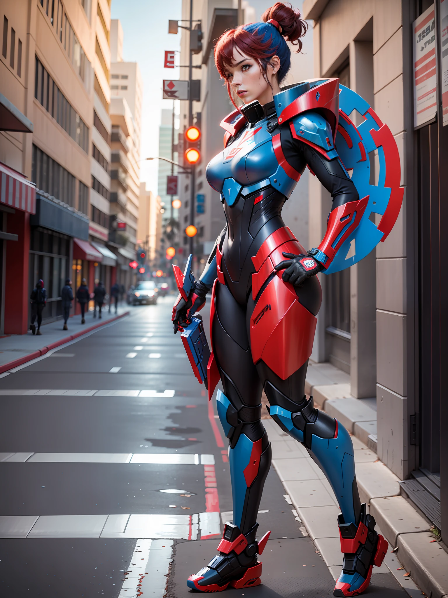 A female transformer of red and blue colors walking in Los Angeles