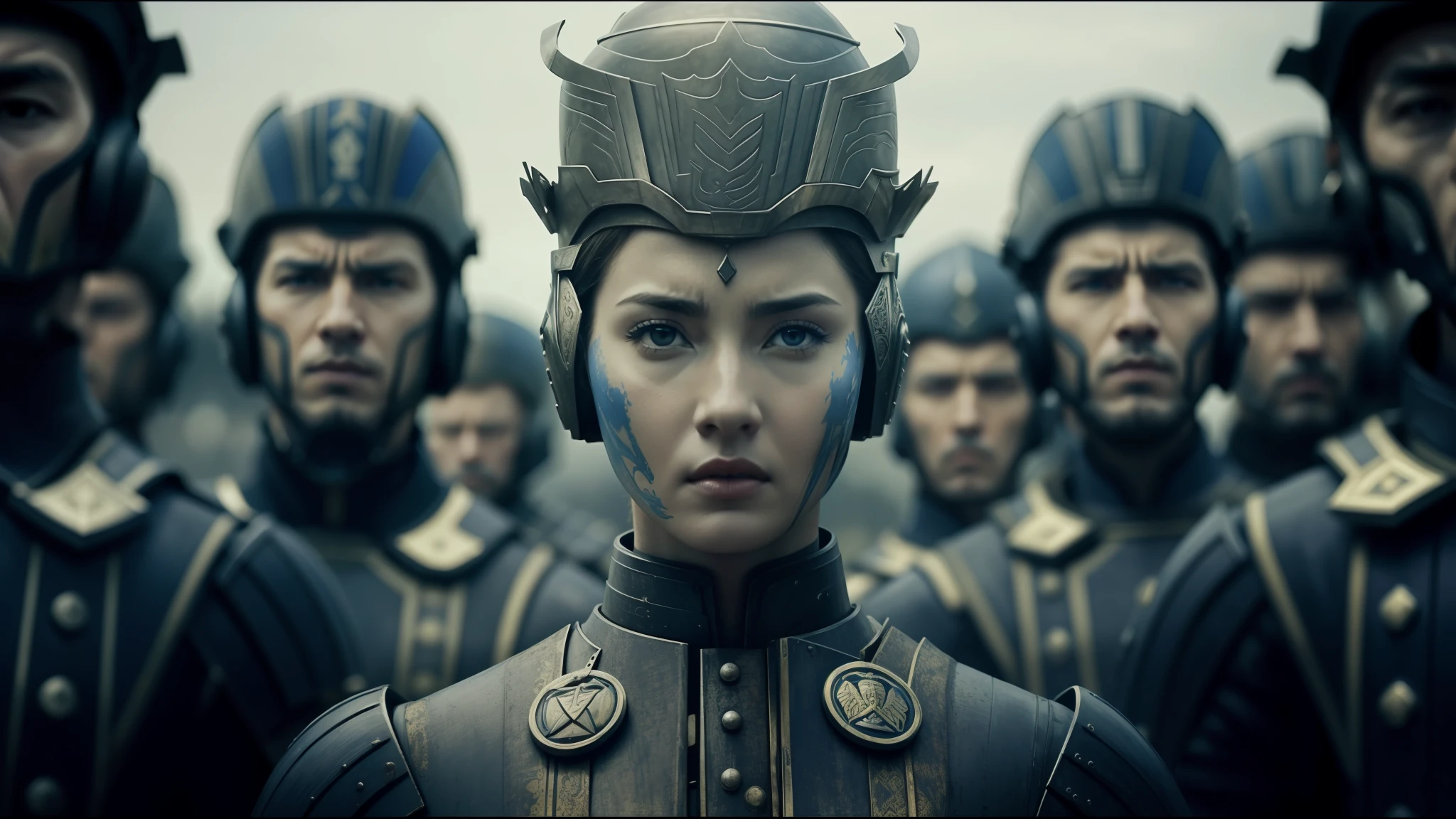 panted image of a beautiful woman with a group of men in armor standing in a line, darren aronofsky, blue faces, by Xuande Emperor, cinematic, army recruiting poster, frame from a movie, marco plouffe, gray men, inspired by Attila Meszlenyi