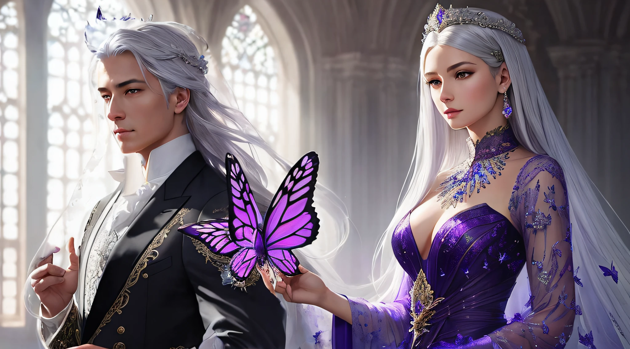 A handsome king with silver hair, intricate 8K, elegant, highly detailed, majestic, digital photography, art by Artgerm and Ruan Jia and Greg Rutkowski Surreal painting of purple butterfly filigree, broken glass (masterpiece, side lighting, beautiful finely detailed eyes: 1.2 ), HDR