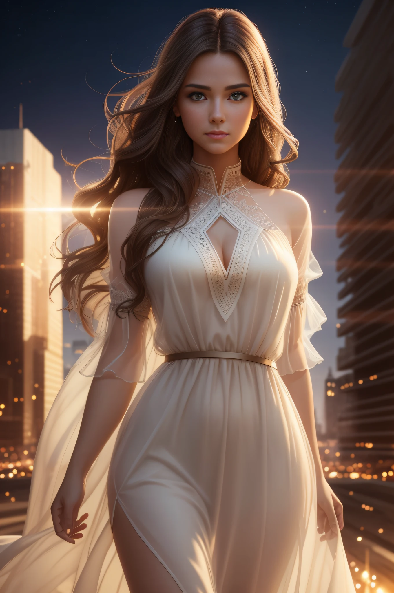 portrait shot, beautiful young woman in transparent western tunic dress, eyes visible through hair, correct eye position, natural skin, backlight, cinematic light, rim light, soft light, hips, night time, city side background, detailed colour correction background, complex, high detail, octane rendering, HD, 8k, by ARTGERM