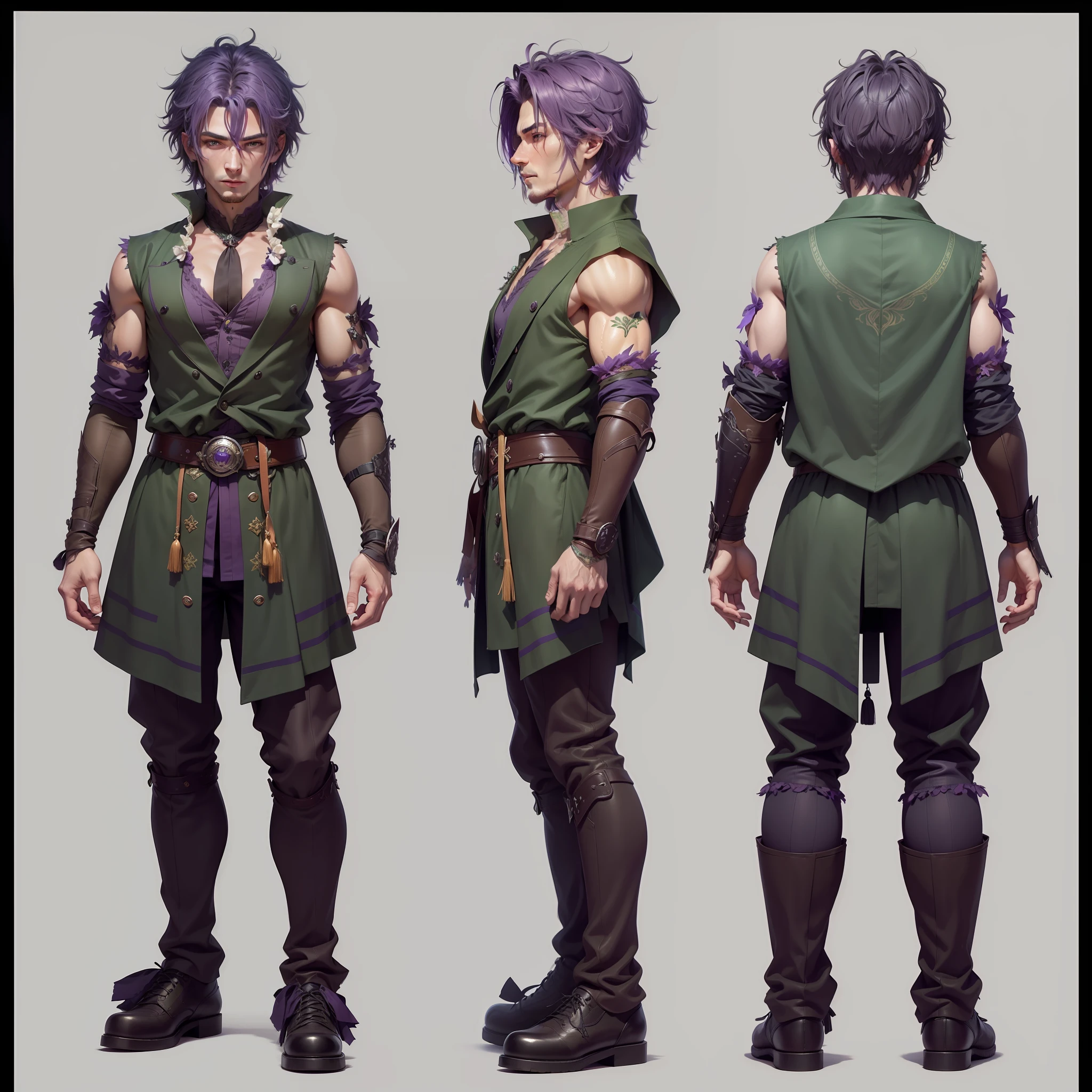 High quality, masterpiece-level, 8k CG, an ultra-careful and spectacular beautiful CG illustration, the image is of a green man with sweet purple hair.