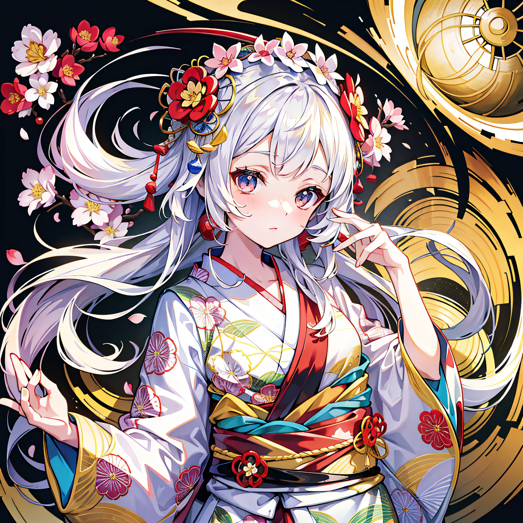 Kanzashi with almond flower decoration on the head, flat illustration, color ternarization, white background, beautiful girl, natural hair flow, kimono, Japanese clothes