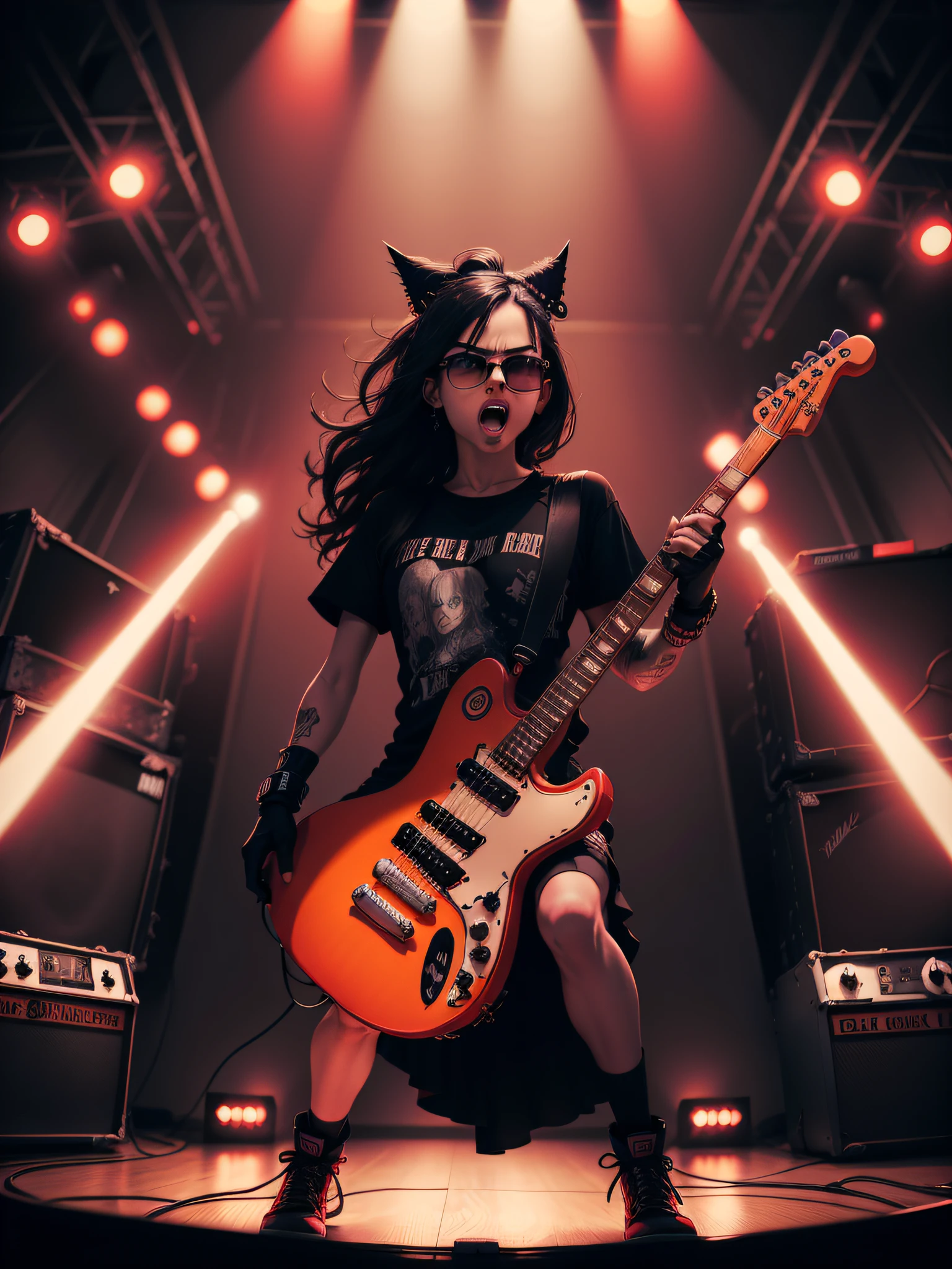 (illustration with excellent quality), T-shirt print of people who love rock 'n roll, rebellious attitude, dress to character, electric guitar and valve amplifier (tube amp), stage with show, strobe light, board with pentagram, emotion, animated crowd, high contrast, sharp contours, shades of black and red.