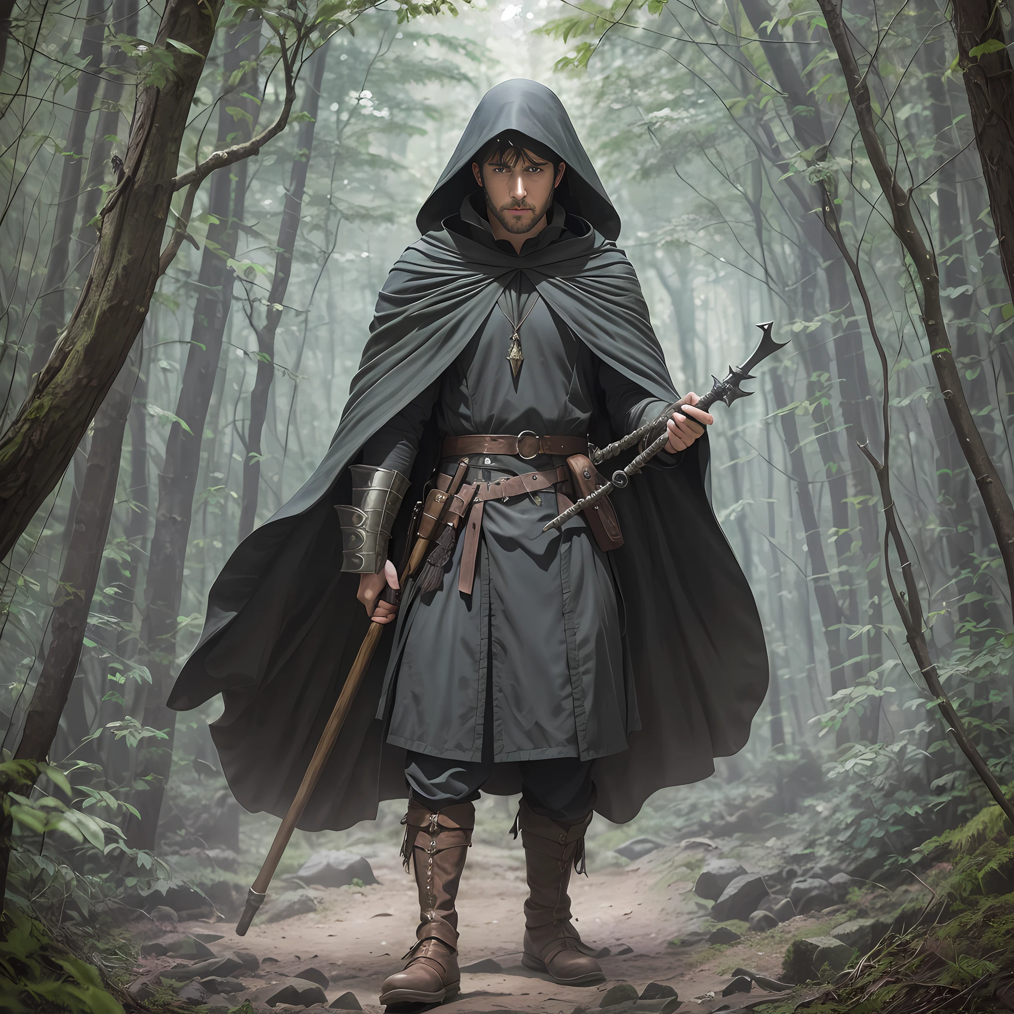 man with hooded cape and cape holding a staff in a forest, portrait of a forest mage, Mistborn steel inquisitor, male ranger, Tom Bagshaw weta studio, by Kerembeyit, medieval fantasy game art, flowing robes and black leather armor, concept art of a magician, fantasy genre portrait, epic fantasy d d hobbit rogue