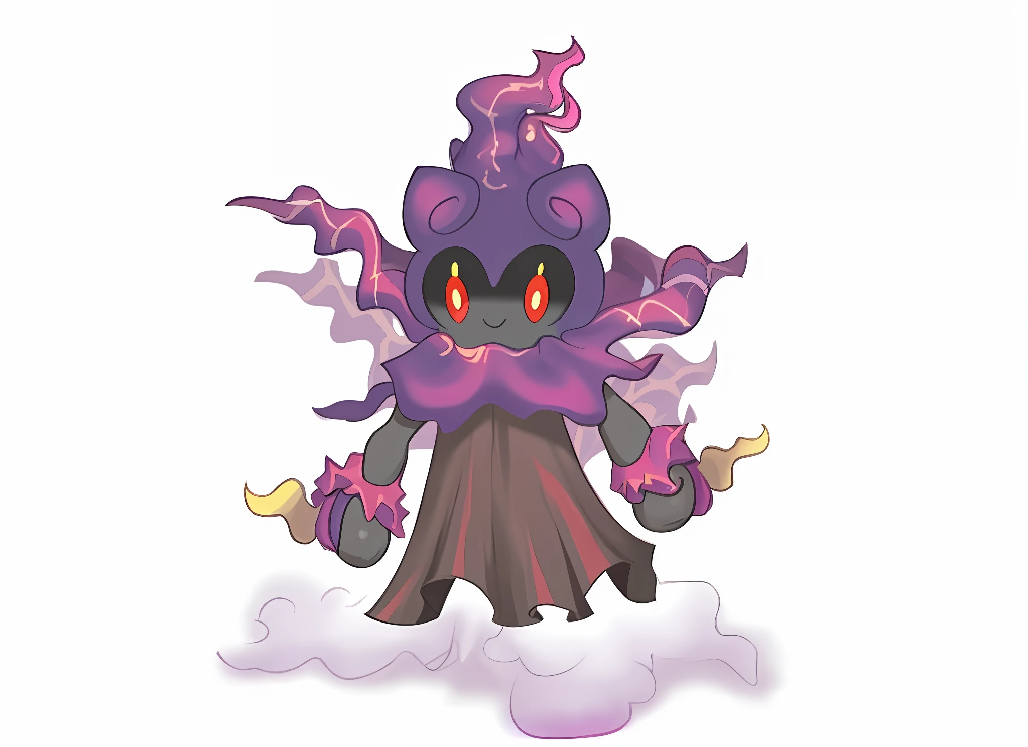 There is a cartoon of a purple and red creature with red eyes, conceptual mysterious Pokémon, strange Pokémon, new pokemon, evil aura, fear, mysterious Pokémon, dark aura, bright black aura, super new octopus, cute pokemon style, octorok, mindflayer, ethereal being Wiggly, mega legendary, mysterious black slime, an Eldritch entity, starry background with stele and galaxies