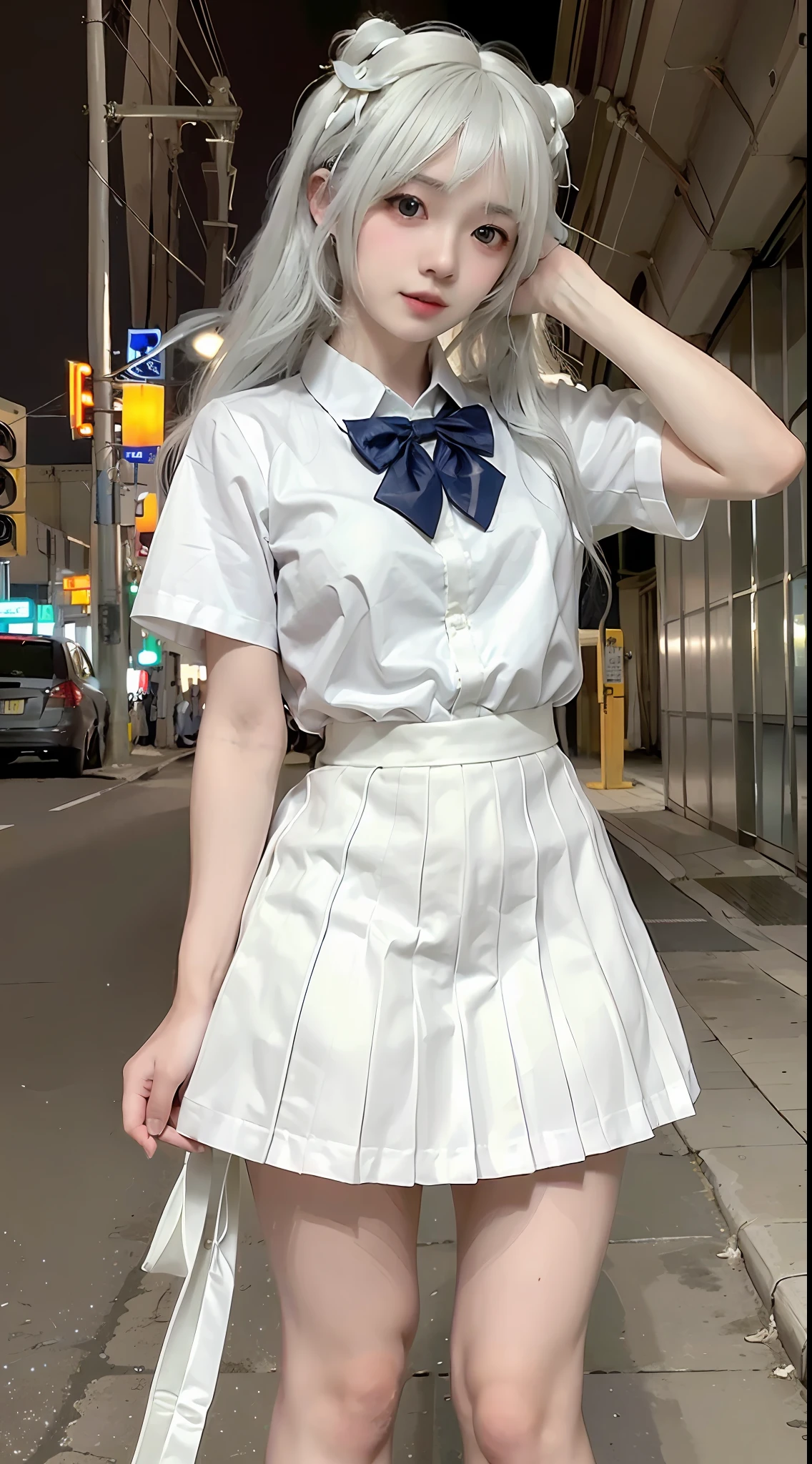 (8k, RAW photo, best quality, mastery:1.3),(realistic,photo-realistic:1.37),(looking viewer:1.331),(white hair),posing,Tokyo street,nightcityscape,cyberpunk city,soft light,1girl,bust, Hands down, casual hairstyle, smile expression, big eyes, lower abdomen, (white short sleeves JK_shirt), JK_style, (navy JK_skirt), (bow JK_tie), mix4, full body photo,