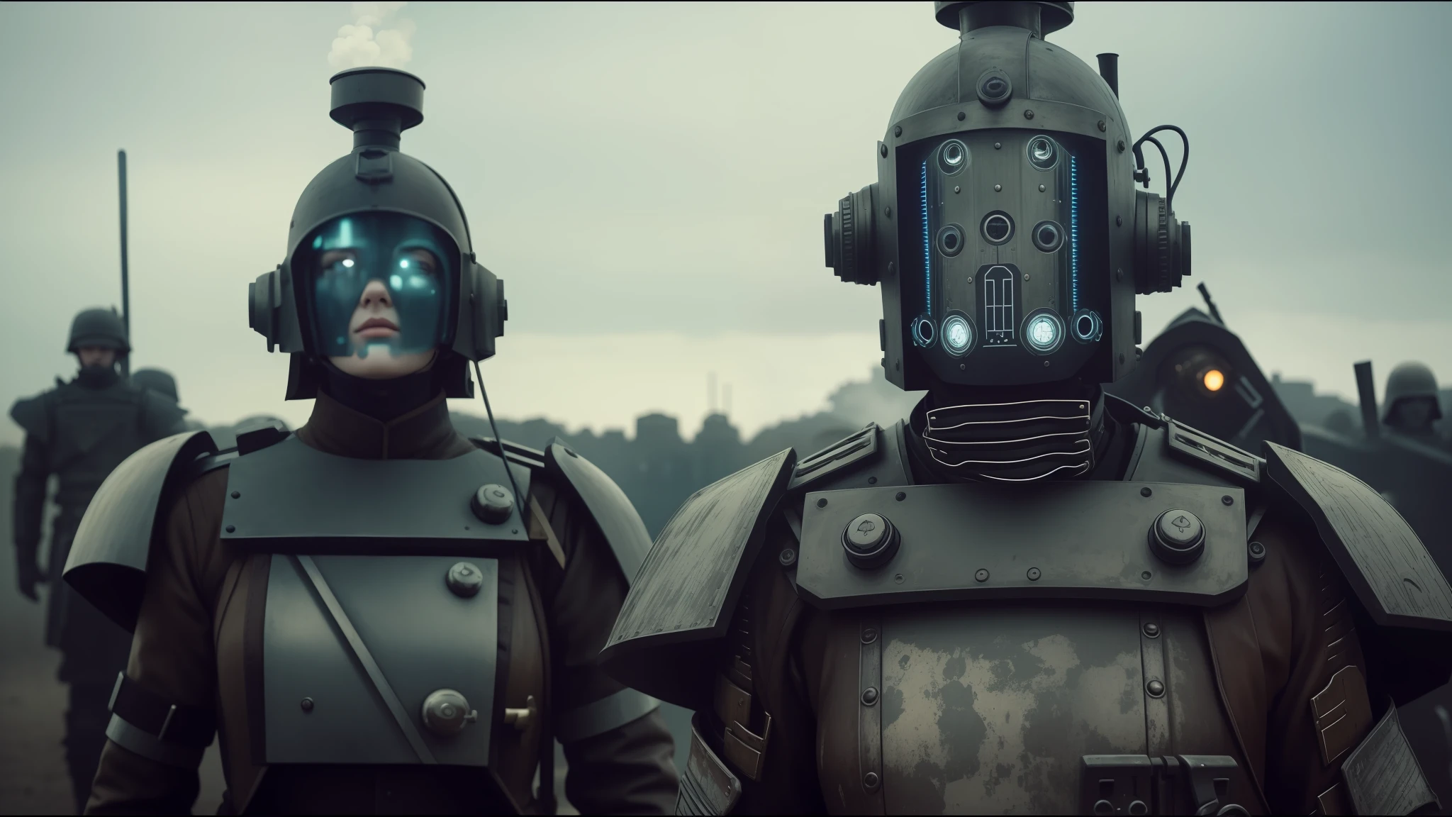 there is a woman with a steam - powered headpiece on her head, behance. high detail, human soldiers, monochromatic photo, characters 8k symmetrical, james edmiston, artificial nightmares, girl wearing uniform, ian callum, inspired by Eugene Tertychnyi, clockpunk