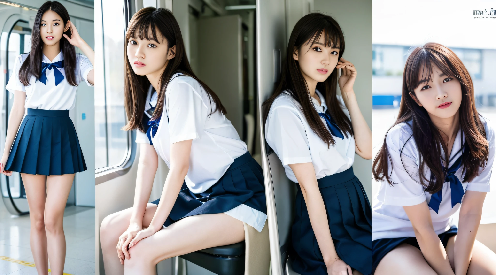 (8k, RAW photo, highest quality, masterpiece: 1.2), super detail, super resolution, (realistic, real photo: 1.37), low position, high resolution RAW color photo, real human, precise limb connection, based on human body structure, beautiful leg highlights, very realistic, super high-quality, 8k wallpaper, amazing details, faithful to human body structure, perfect limb structure, very detailed beautiful girl, Very detailed face Very detailed eyes, very realistic skin, very detailed fingers, very detailed nose, very detailed mouth, very delicate limbs, anatomical body perfect anatomy, very detailed background, very detailed clothes, teen, cute girl, famous Japan idol, cute, realistic body, slender, white skin, glowing skin, slim body, long straight hair, (dull bangs: 1.2), realistic face, delicate eyes, double eyelids, sailor suit, on the train after school, Beautiful thin legs, back, buttocks, protruding, all fours, standing back, angel smile, the cutest face in the world, human style, faithful to human structure, proofreading of frolicking women, schoolgirl daily life, red ribbon, sexy legs, emphasizing femininity, Blue chess skirt, delicate skirt, stretch legs, beautiful elongated legs、、、 sexy and very embarrassing figure, short skirt, lesbian, kissing, sensations of human skin,
