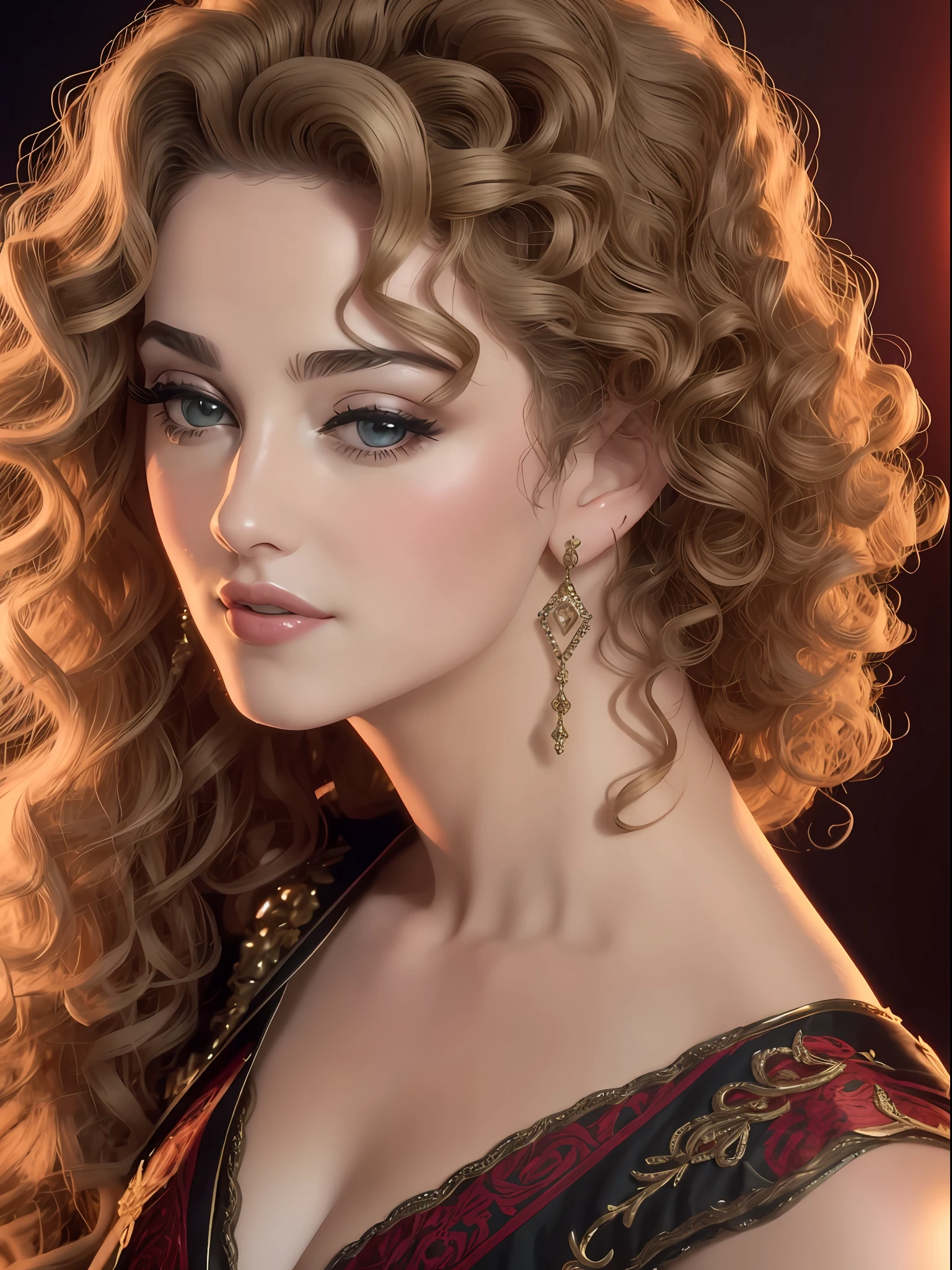 a close up of a woman with a curly hair, madonna, madonna portrait, madonna genderbend elegant, detailed portrait of madonna, 25th anniversary music video, youtube video screenshot, heart shaped face, music video, her face framed with curls, inspired by Winona Nelson, most beautiful woman on earth, crosses in flame in the background, video clip "Like a Prayer", sharp image, 8k --auto --s2