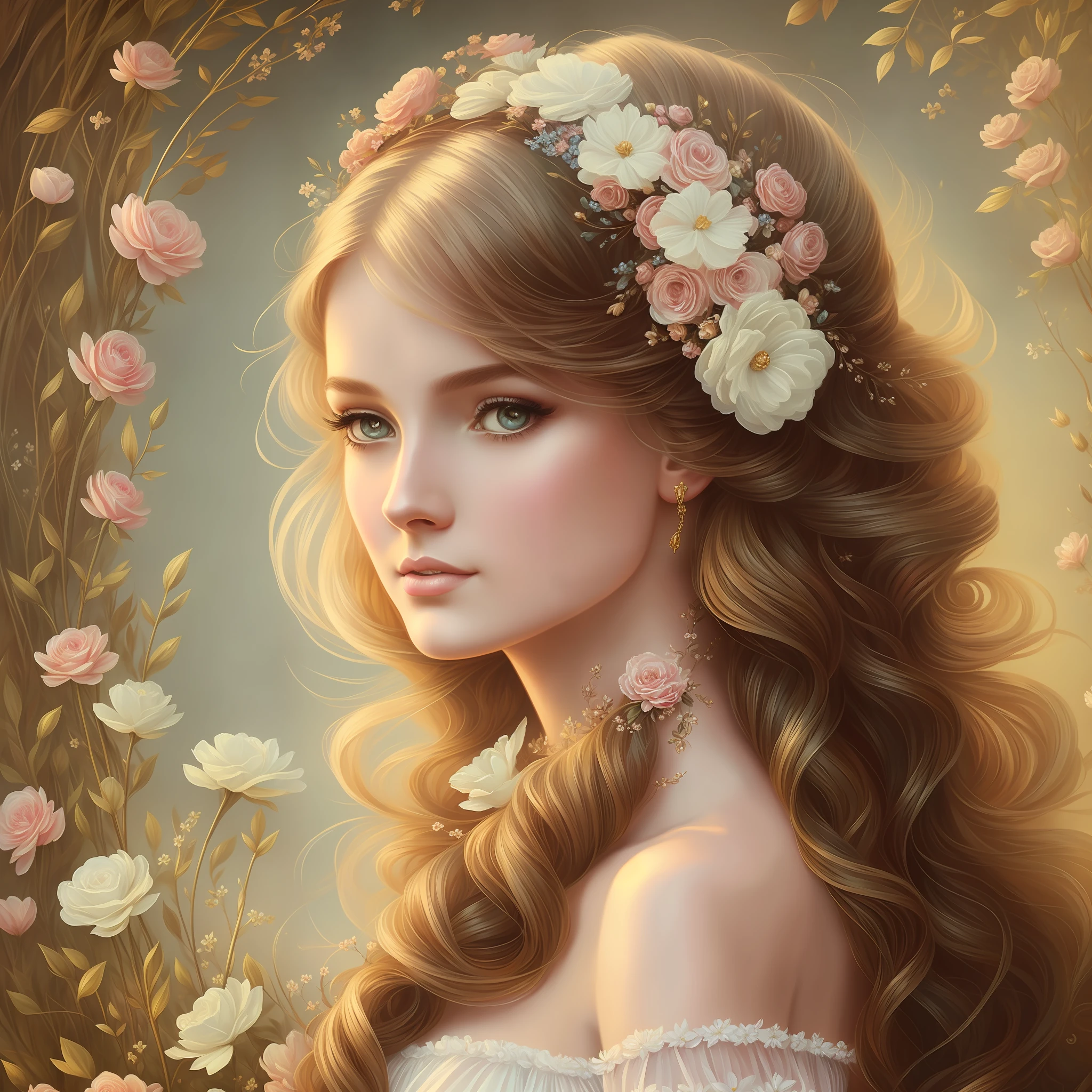 a woman in a dress with flowers in her hair, fantasy victorian art, romanticism art style, romanticism portrait, romance novel cover, elegant digital painting, stunning digital illustration, elegant portrait, beautiful character painting, gold tiana --auto --s2