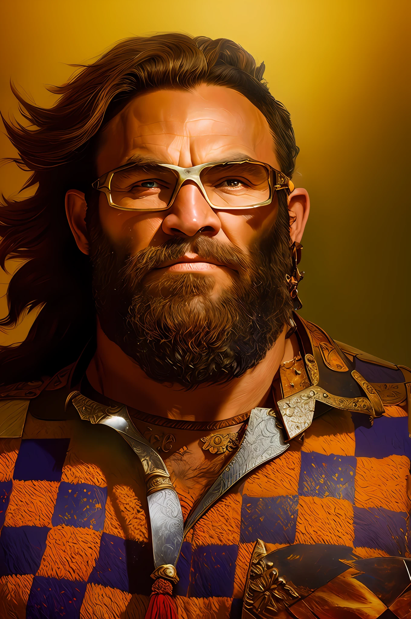 masterpiece, best quality, arts station, 8k, fantasy painting of (barbarian man), angry, long hair, bear skin, highly detailed texture, sharp focus, cowboy lumbejack shot