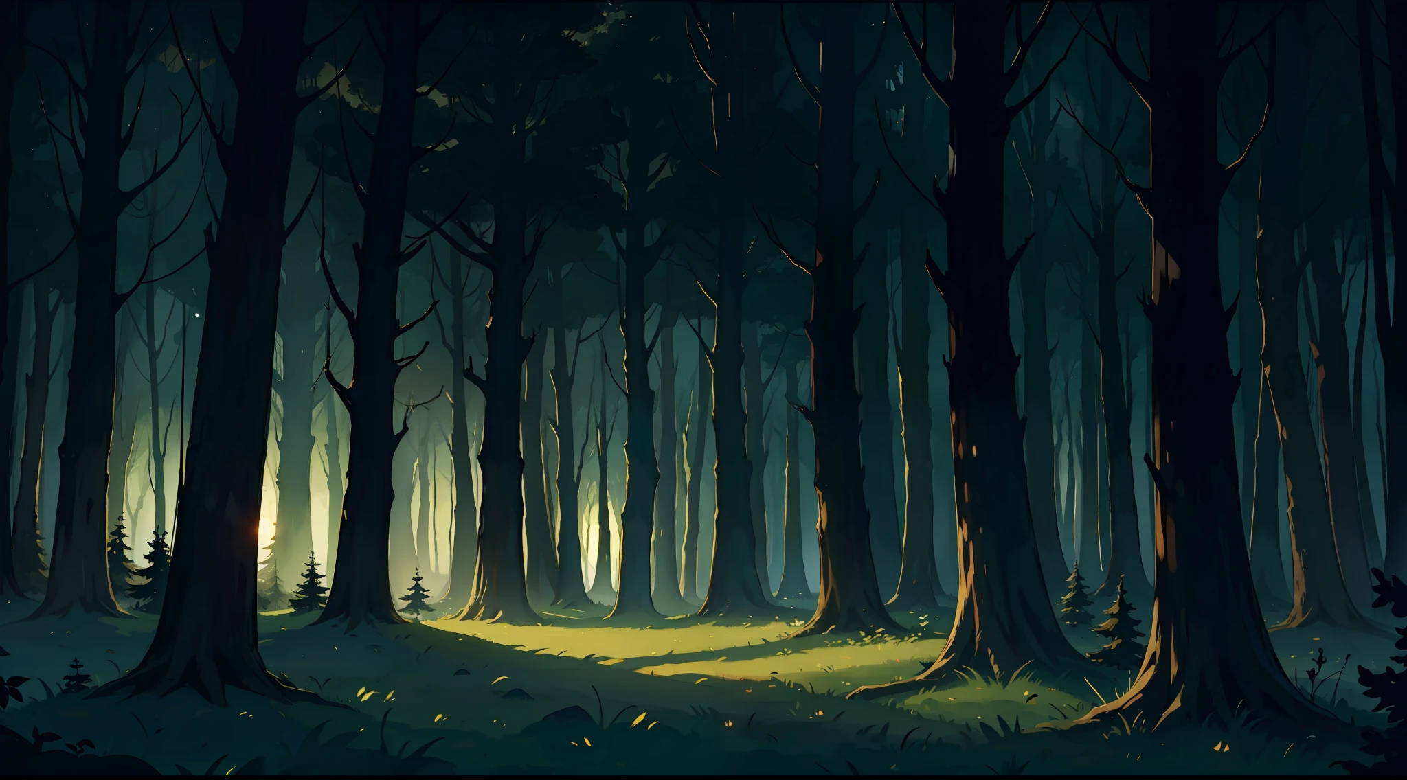 a shadowy forest in the midst of the dark night with dark and frightening trees haunted spirits and dark magic little light darkness and smoke